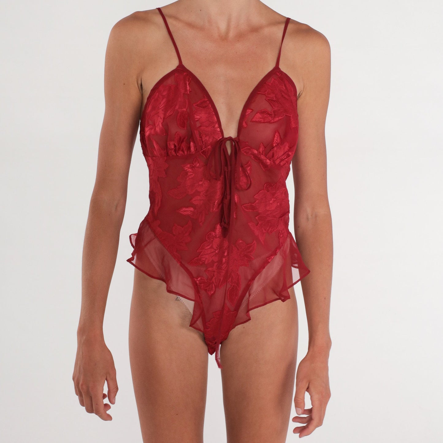 90s Red Floral Sheer Teddy Romper Empire Waist Tie Front Medium M