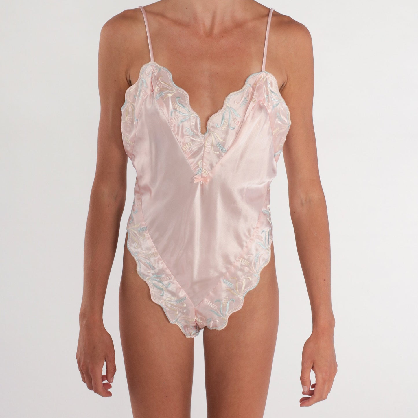 70s Pink Floral Embroidered Bodysuit Scalloped Edge Leotard Large