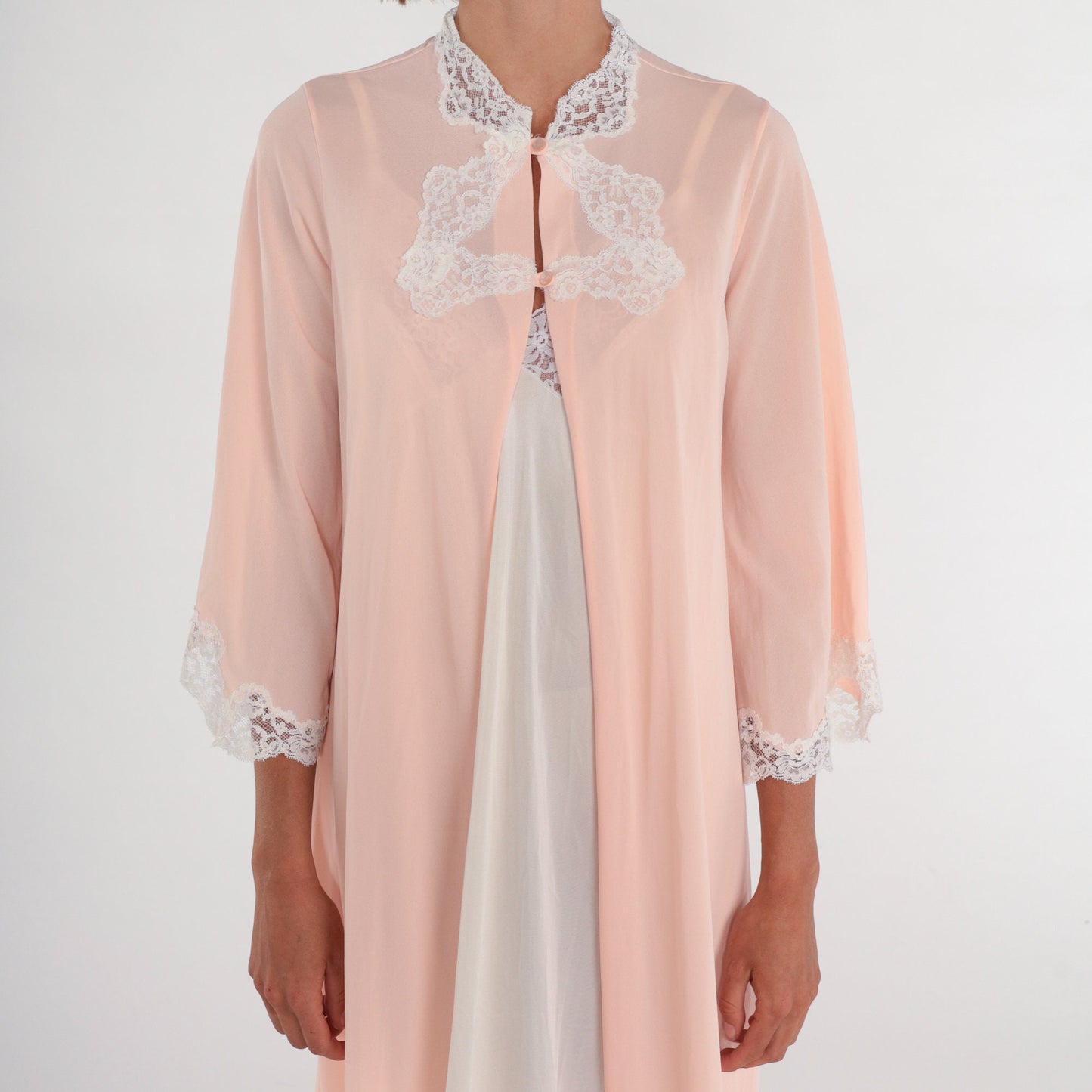 70s Pink Lace Trim Pajama Robe Maxi Button Front Nightgown Small Medium