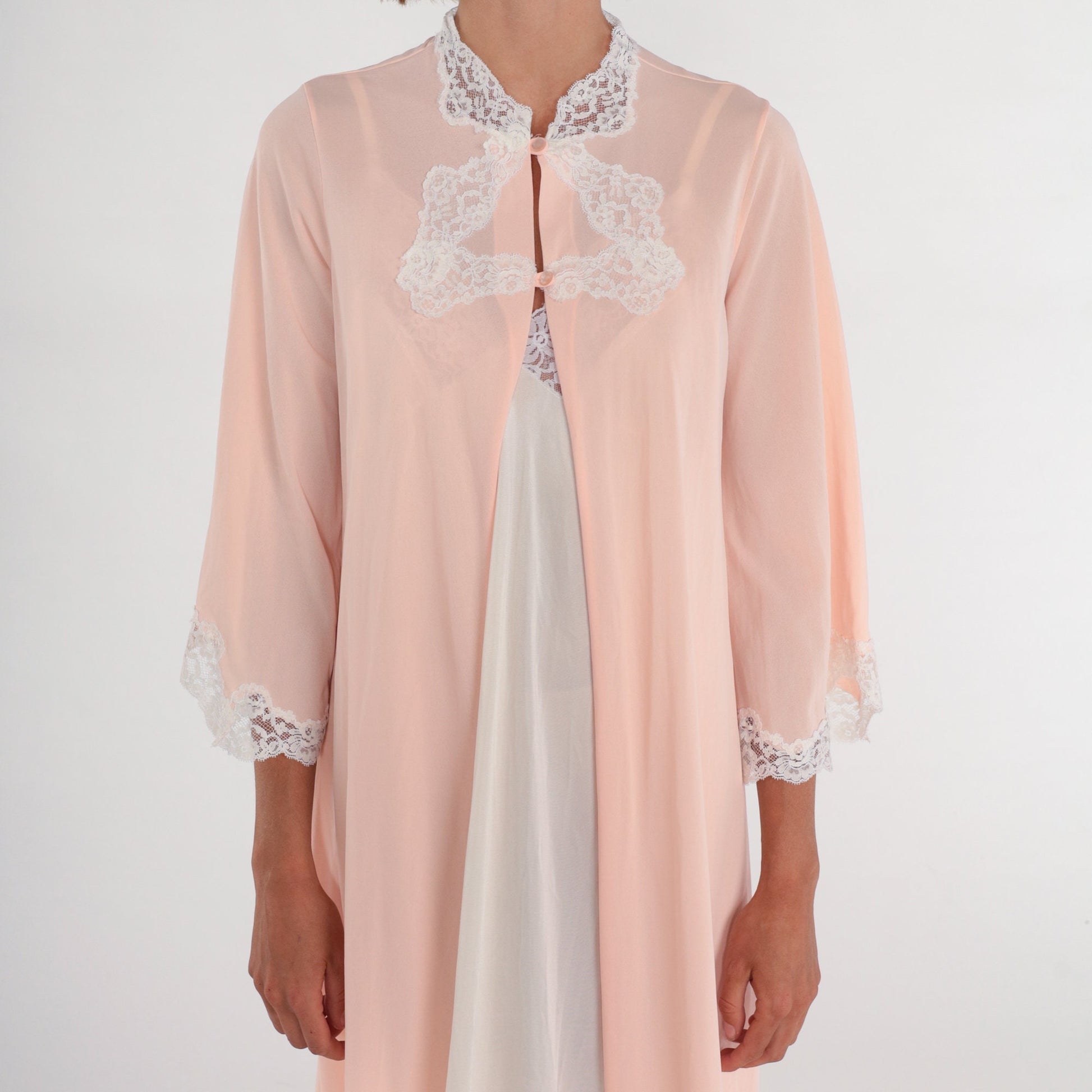 70s Pink Lace Trim Pajama Robe Maxi Button Front Nightgown Small Medium