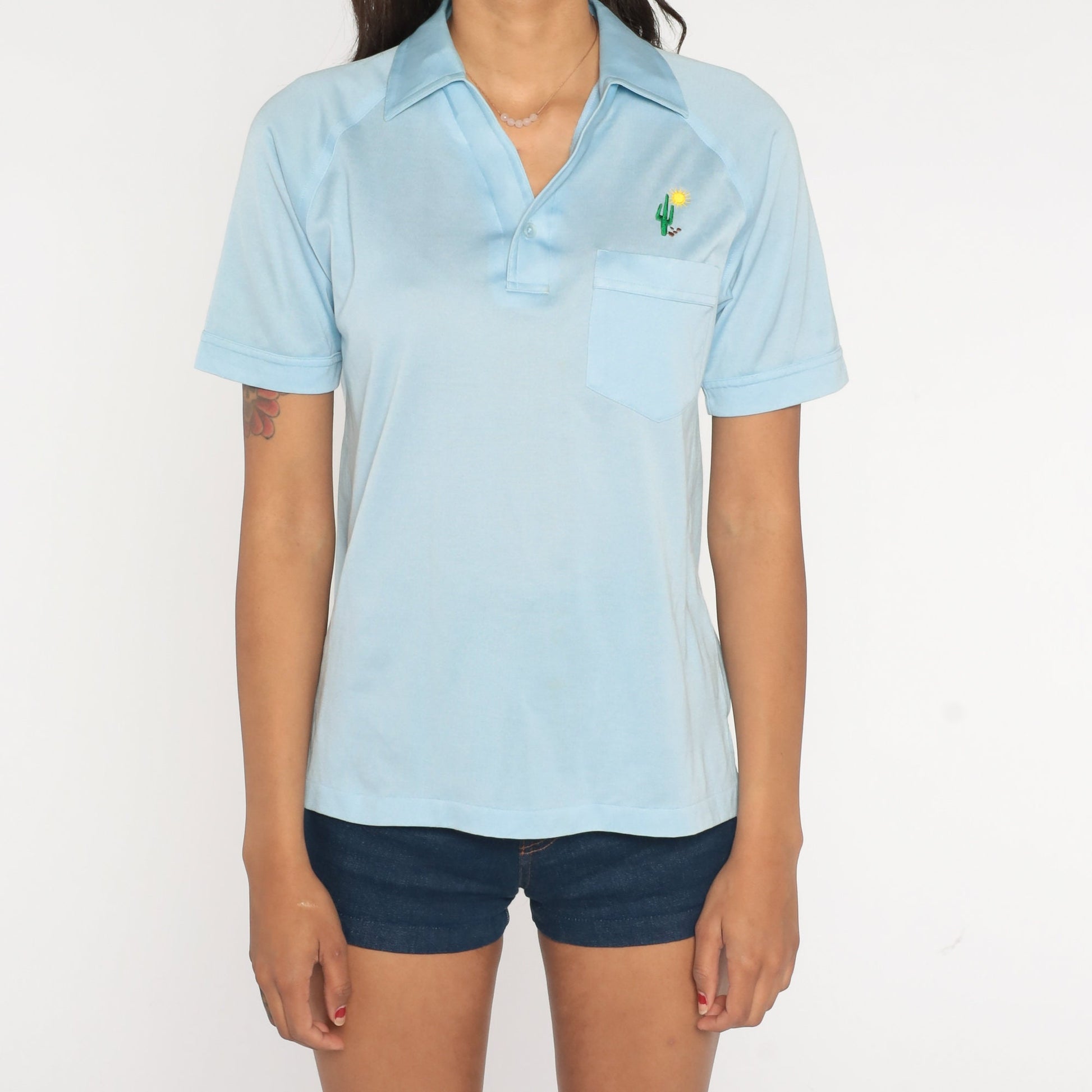 70s Robert Bruce Polo Shirt Baby Blue Cactus Embroidered Small