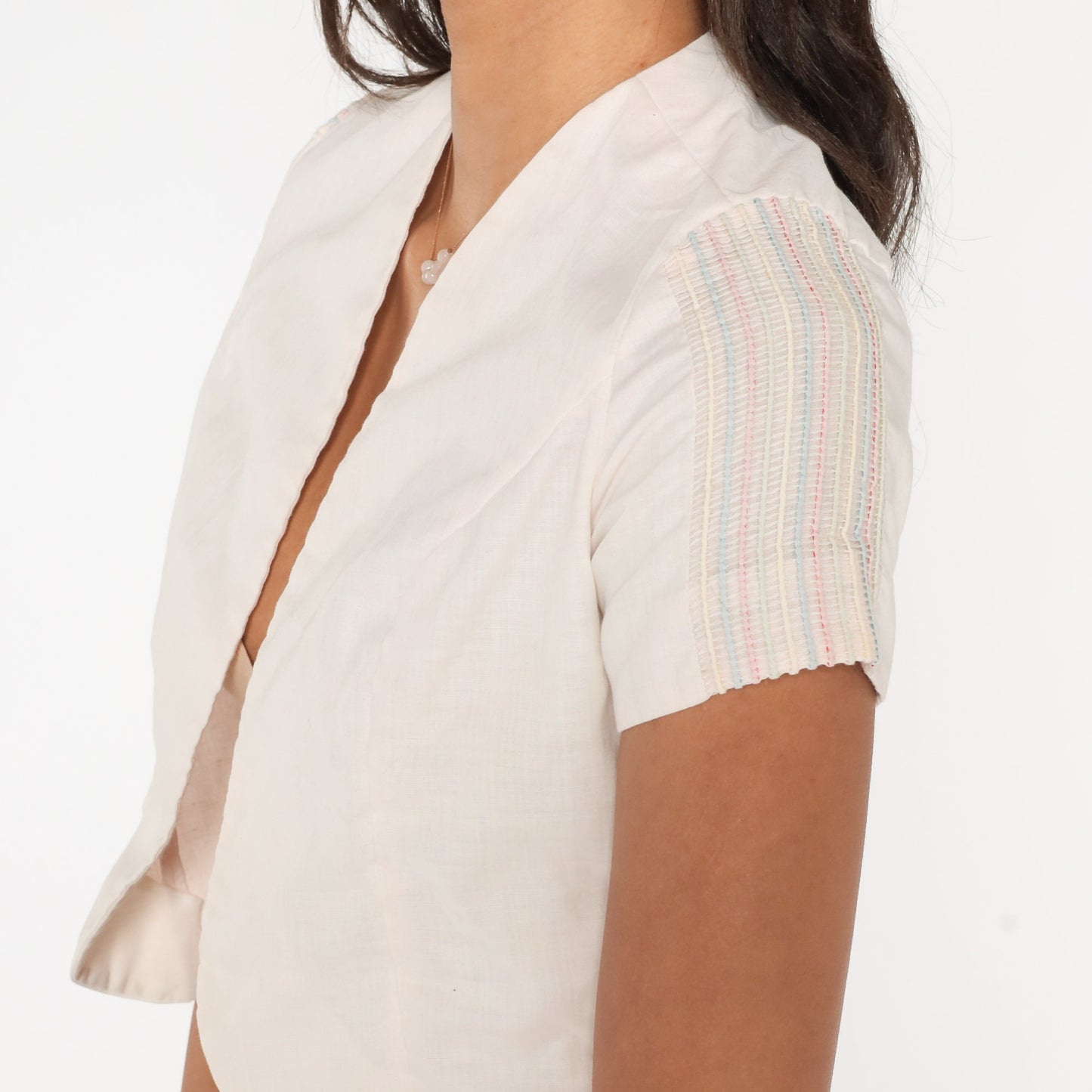 70s White Crop Top Rainbow Striped Short Sleeve Blouse Small S