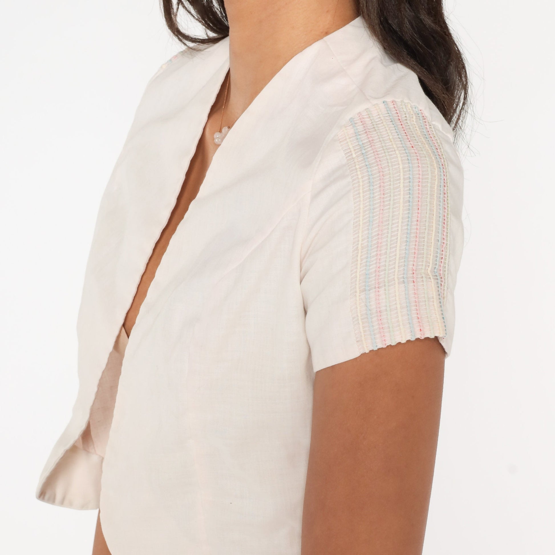 70s White Crop Top Rainbow Striped Short Sleeve Blouse Small S