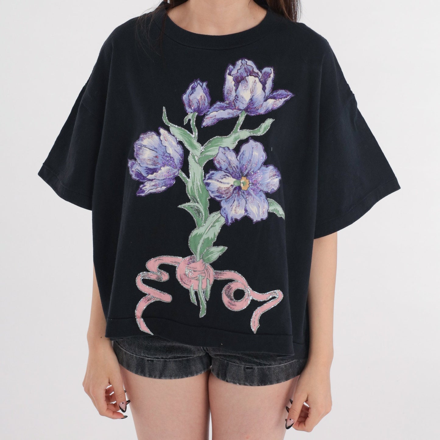 90s Black Floral Glitter T-Shirt Graphic Tee Bouquet Print Extra Large XL