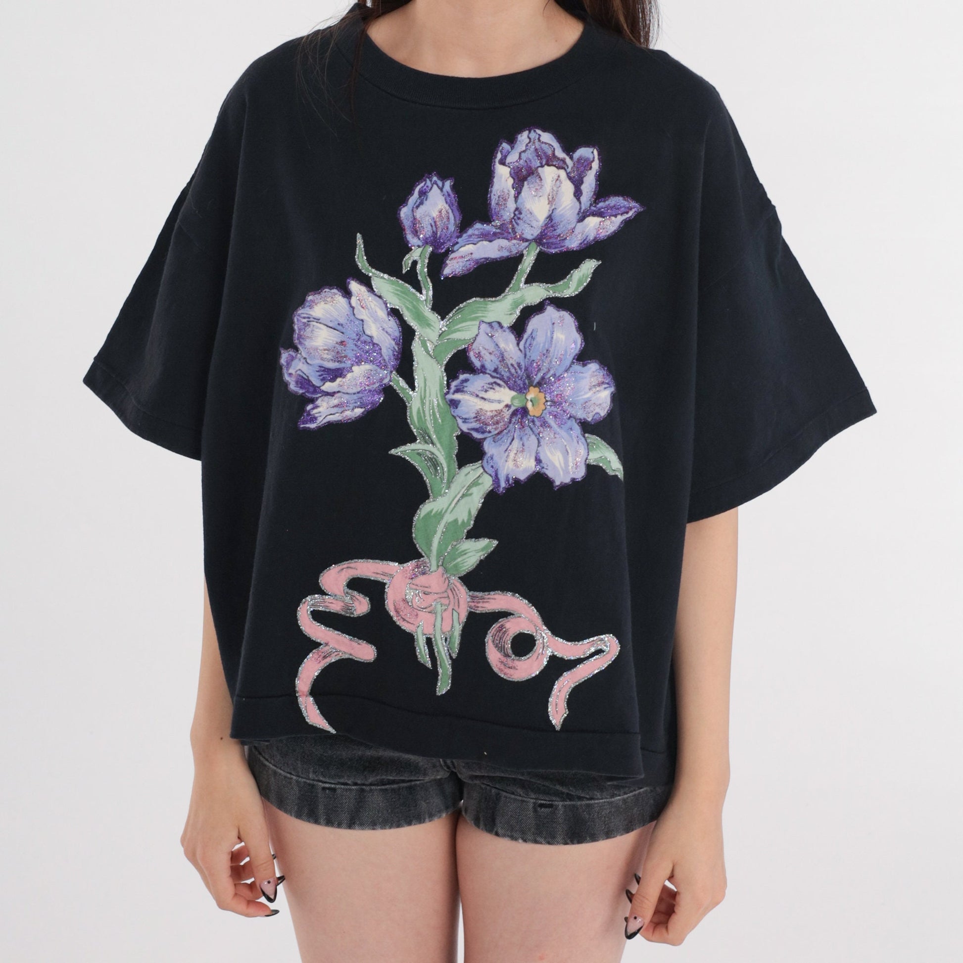 90s Black Floral Glitter T-Shirt Graphic Tee Bouquet Print Extra Large XL