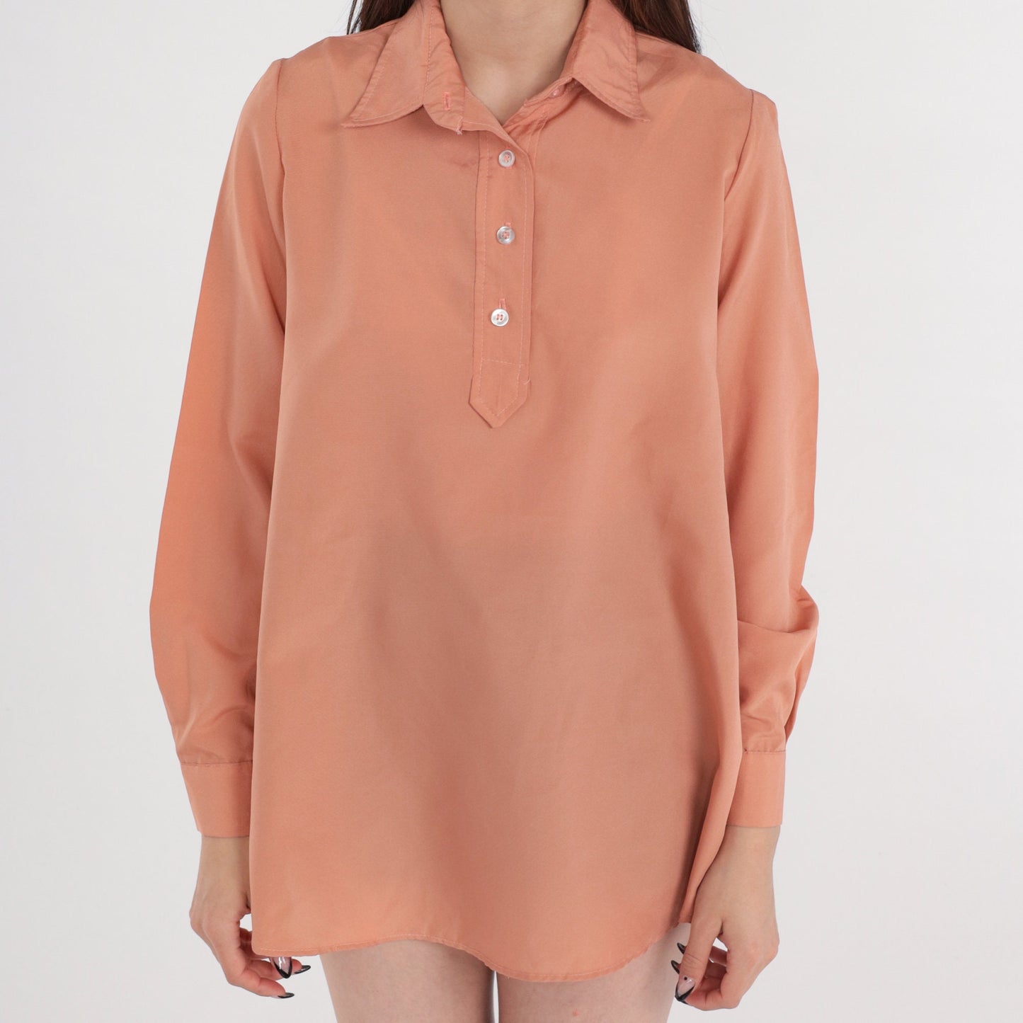 80s Salmon Collared Blouse Half-Button Long Sleeve Tunic Top Medium