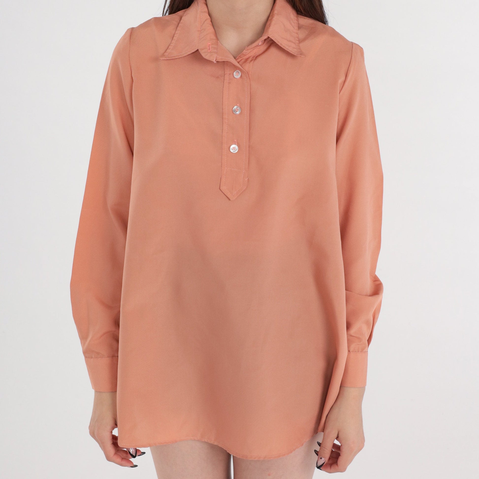 80s Salmon Collared Blouse Half-Button Long Sleeve Tunic Top Medium