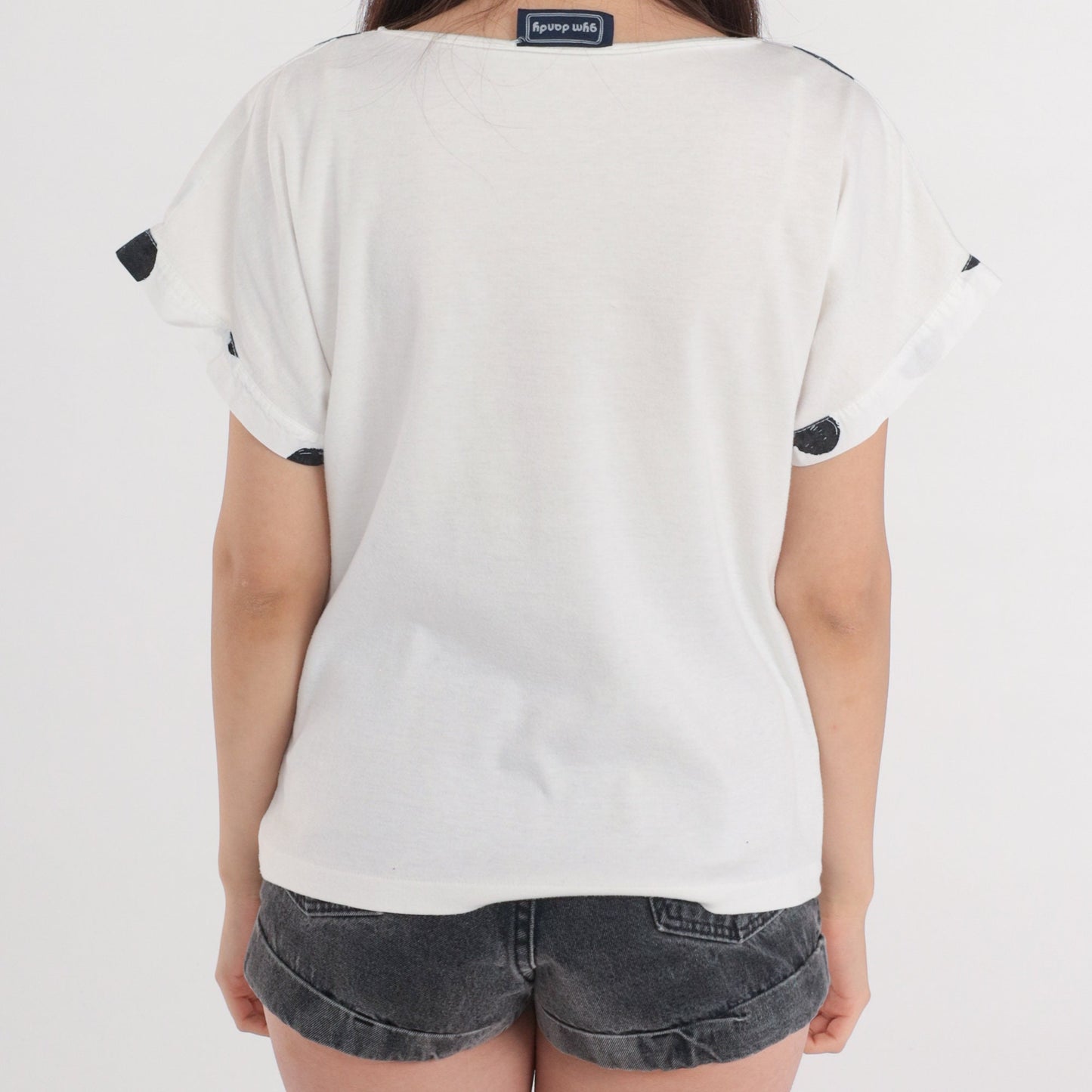 90s Polka Dot Henley Shirt White Black Short Sleeve Button Tee Medium