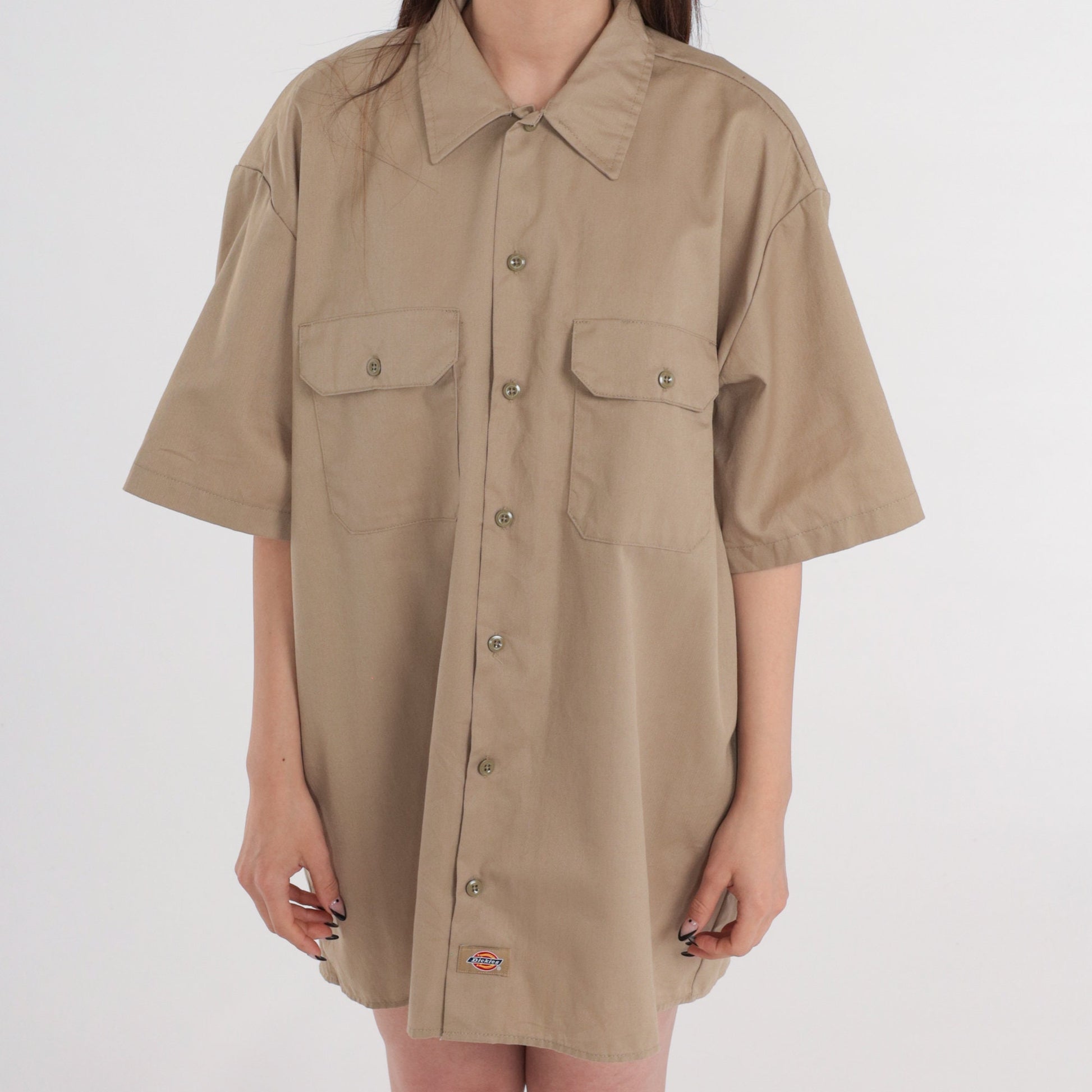 Dickies Y2K Khaki Button-Up Utility Shirt Short Sleeve Cotton Mens Large L