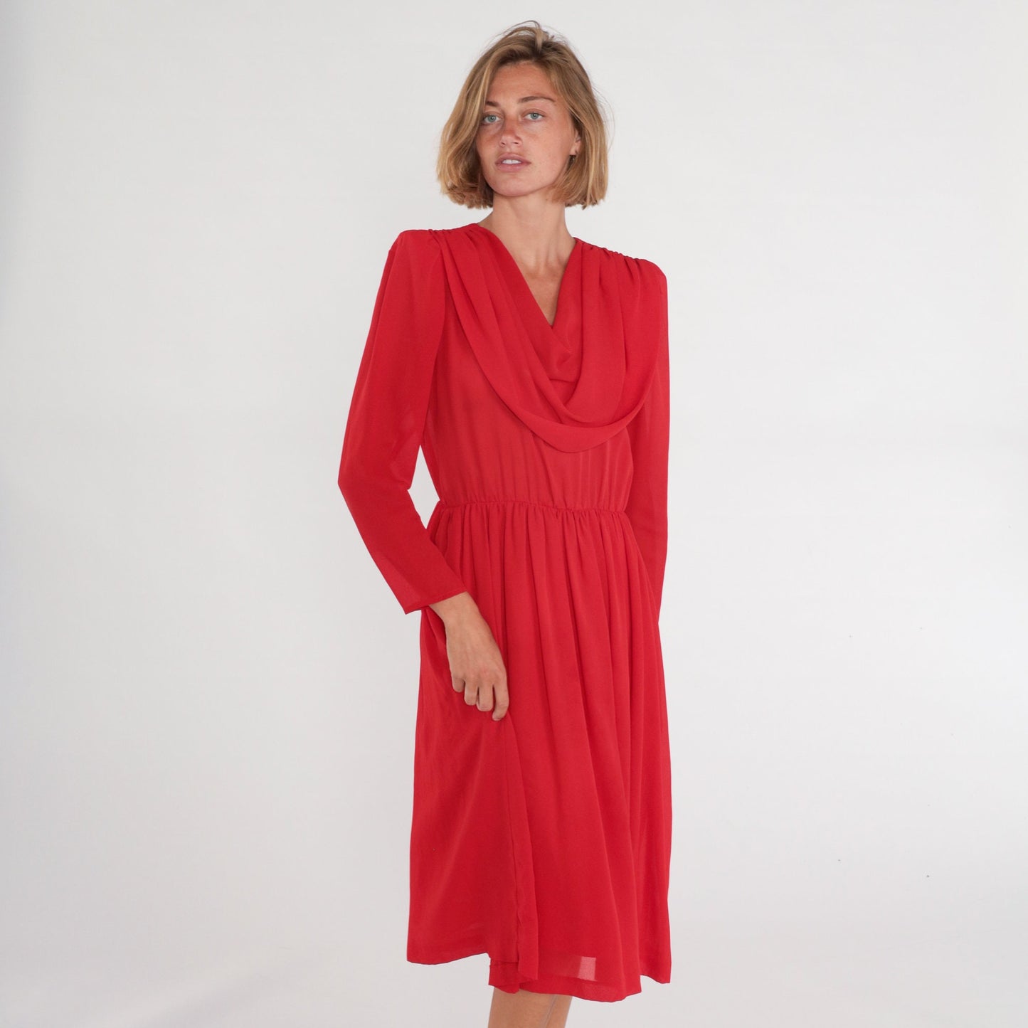 70s Red Disco Midi Dress Draped Cowl Neck Puff Sleeve High Waist Medium