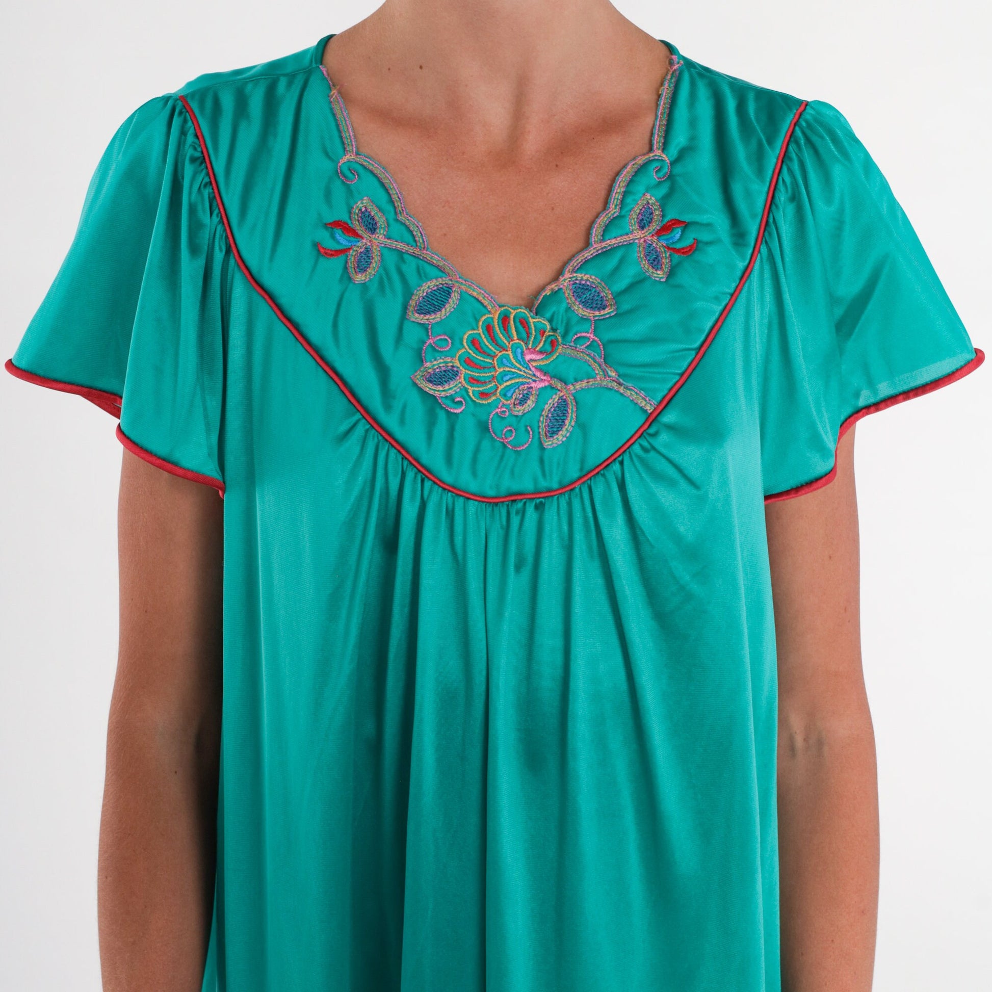 80s Green Floral Embroidered Nightgown Tent Cut Midi Short Sleeve Large L