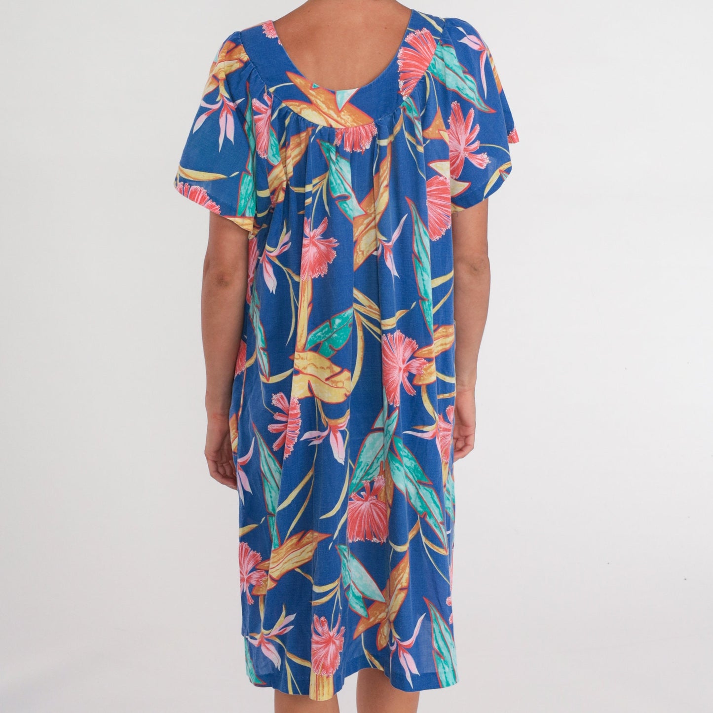80s Hawaiian Tent Dress Blue Tropical Floral Midi Short Sleeve Extra Large