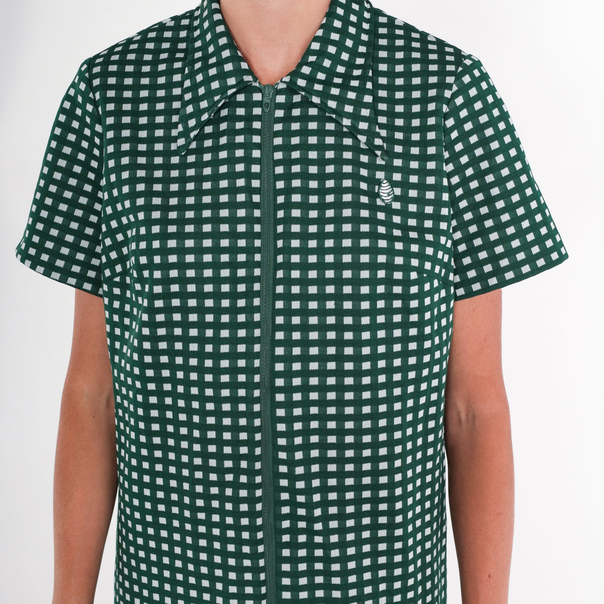 70s Mod Checkered Shift Dress Green White Dagger Collar Zip Front Knee Length Large L