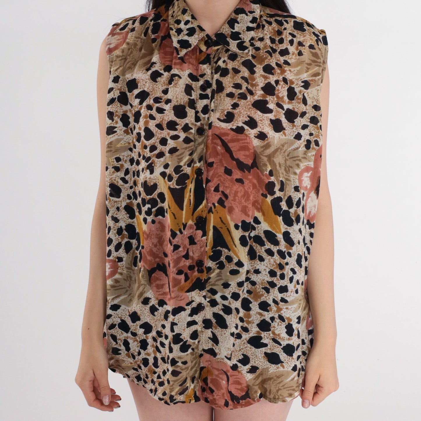 90s Leopard & Tropical Leaf Print Sleeveless Blouse Brown Rayon Medium
