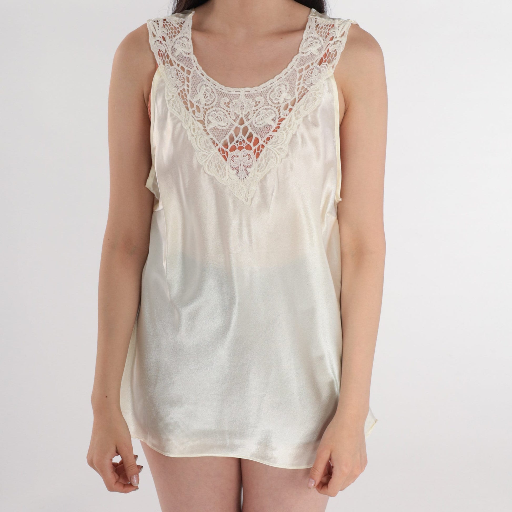 90s White Satin Camisole Tank Top with Crochet Lace Trim Large L