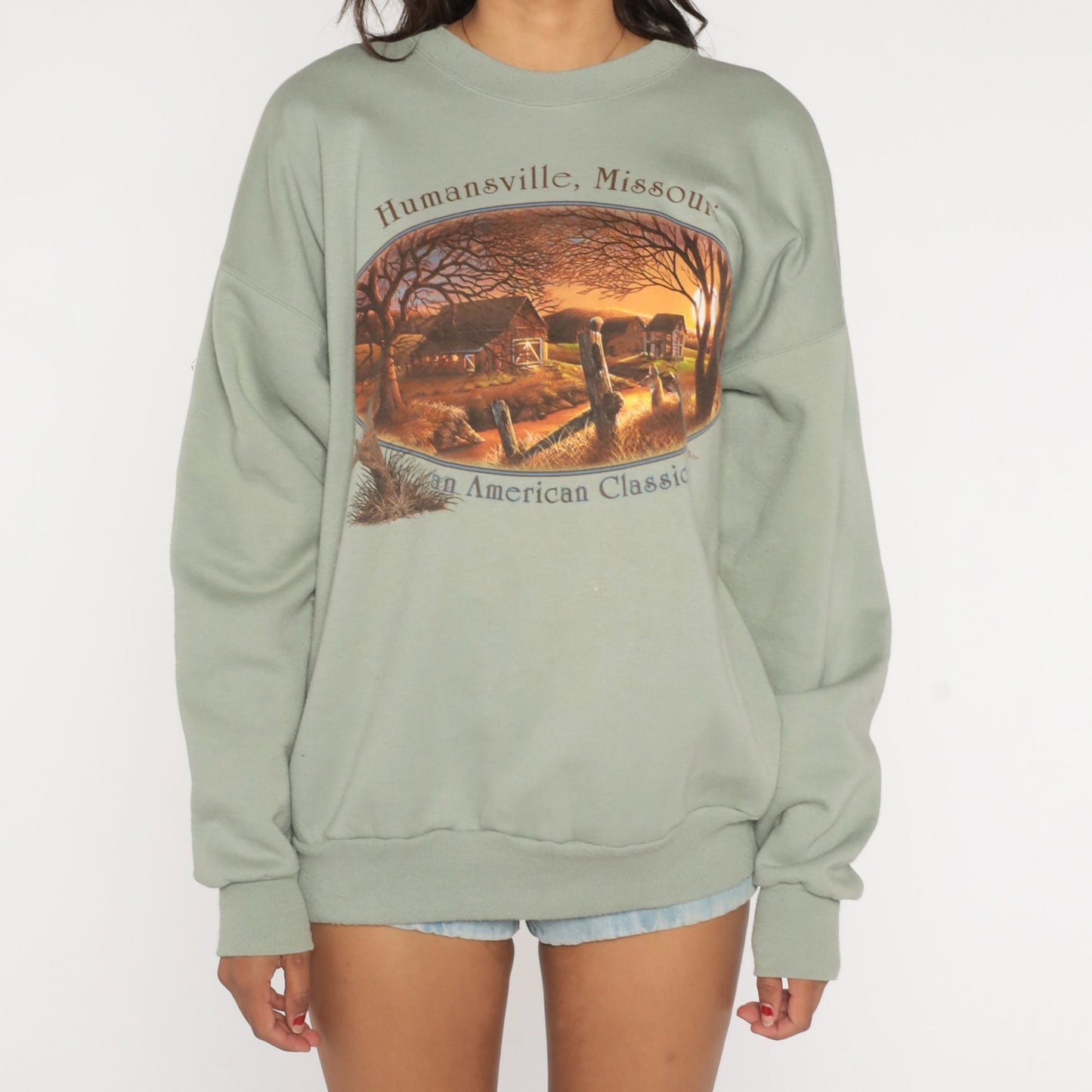 90s Humansville Missouri Farm Graphic Sweatshirt Moss Green Crewneck Extra Large XXL