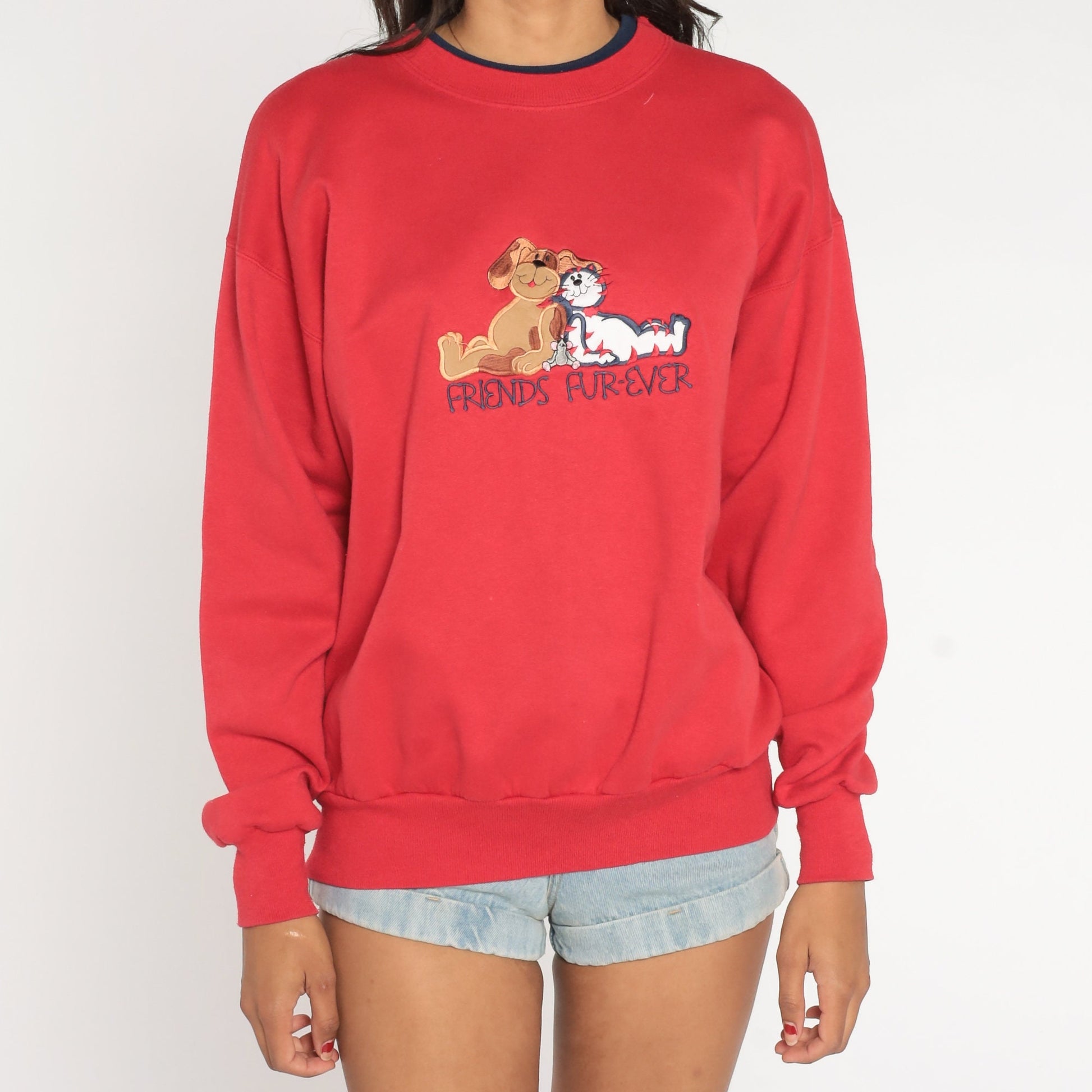 90s Cat Dog Friends Fur-ever Sweatshirt Red Graphic Crewneck Medium