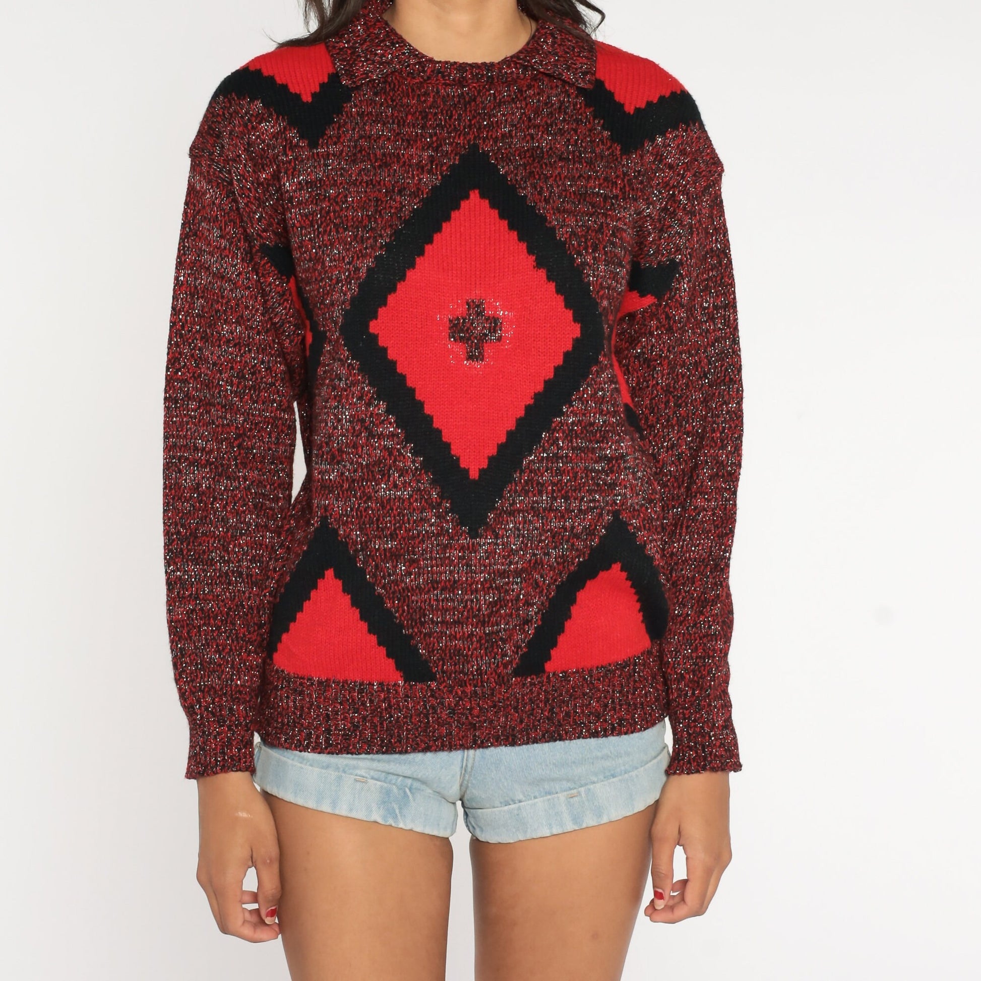 80s Metallic Red Diamond Jacquard Knit Sweater Collared Pullover Small S