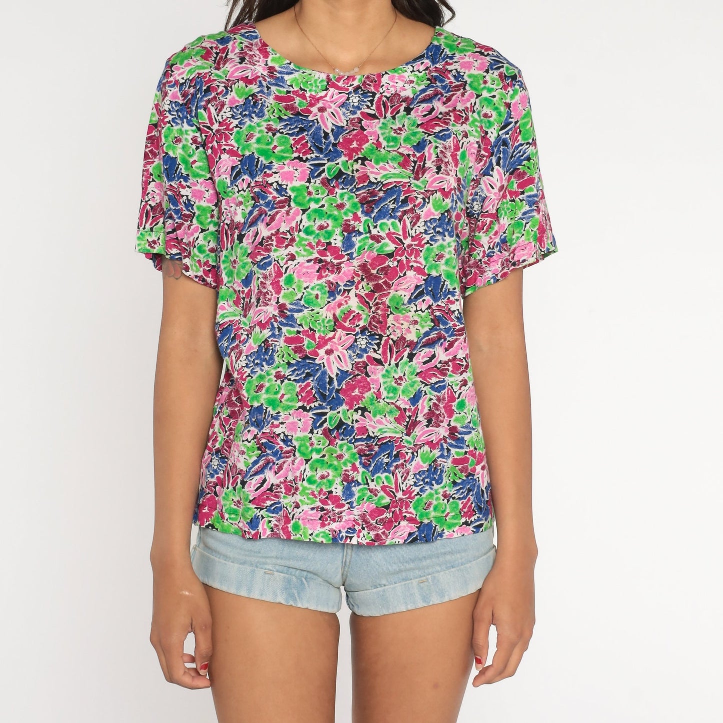 90s Floral Rayon Blouse Short Sleeve Pullover Top Neon Green Pink Purple Small S