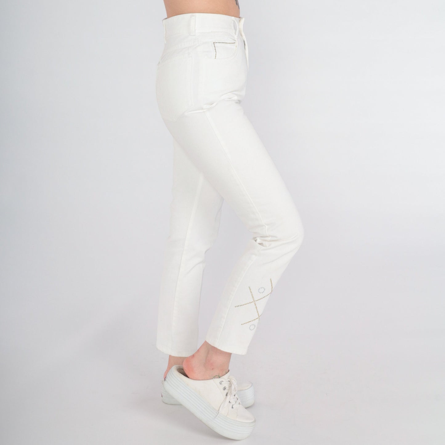 00s White Skinny Jeans XO Studded Rhinestone High Rise Cotton Small