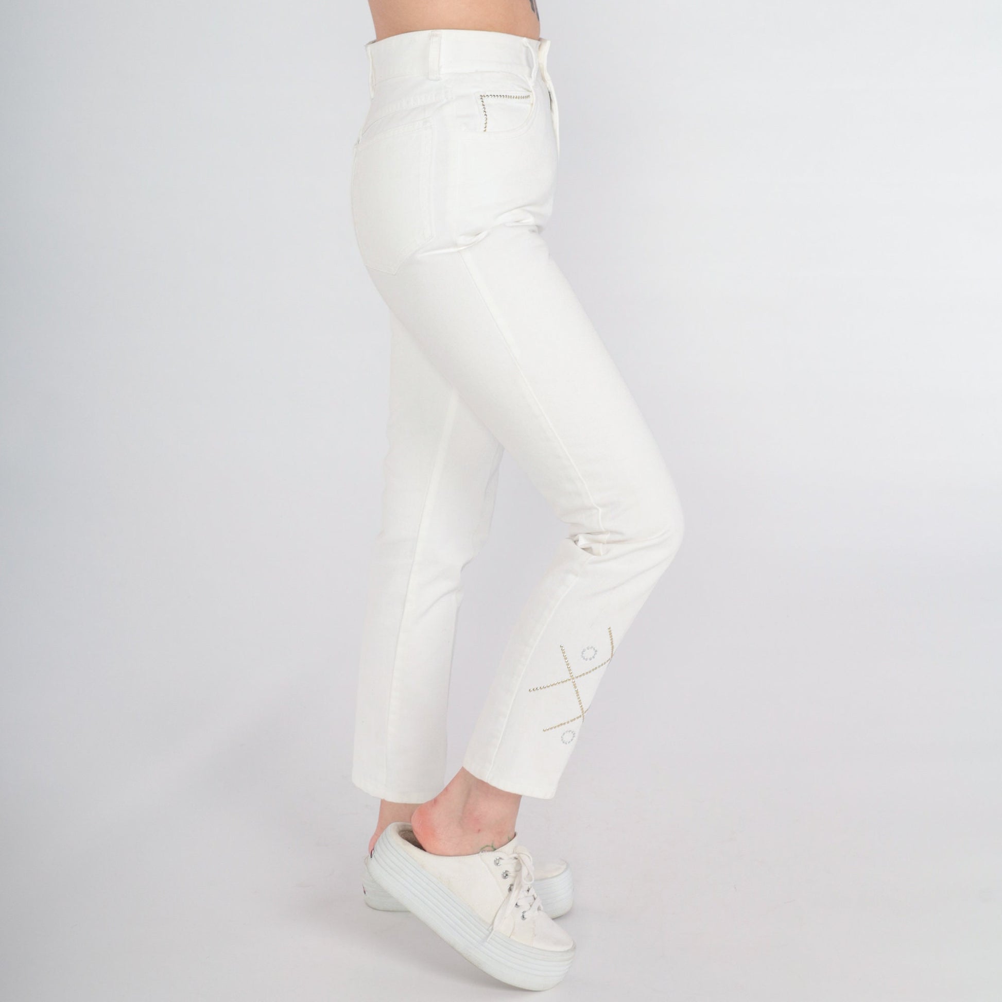 00s White Skinny Jeans XO Studded Rhinestone High Rise Cotton Small