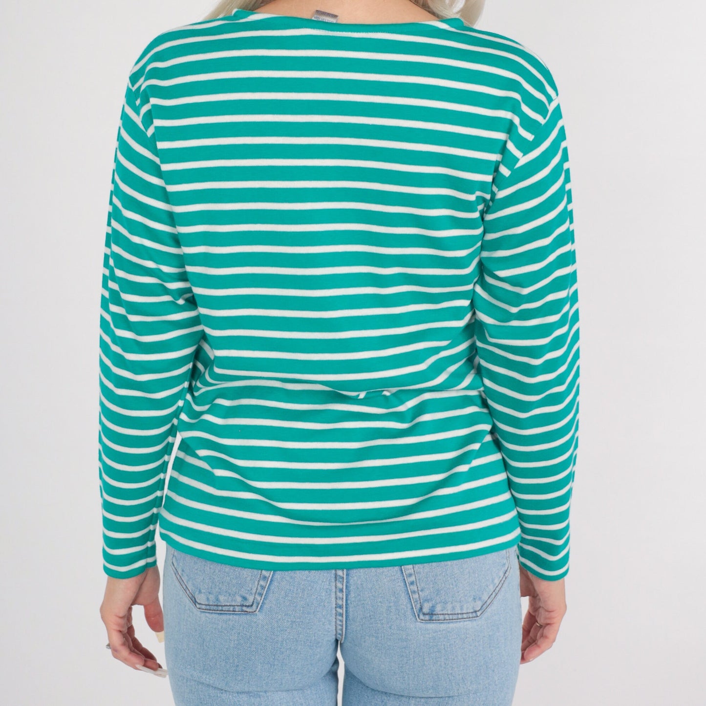 90s Green & White Striped Long Sleeve T-Shirt Cotton Tee Medium