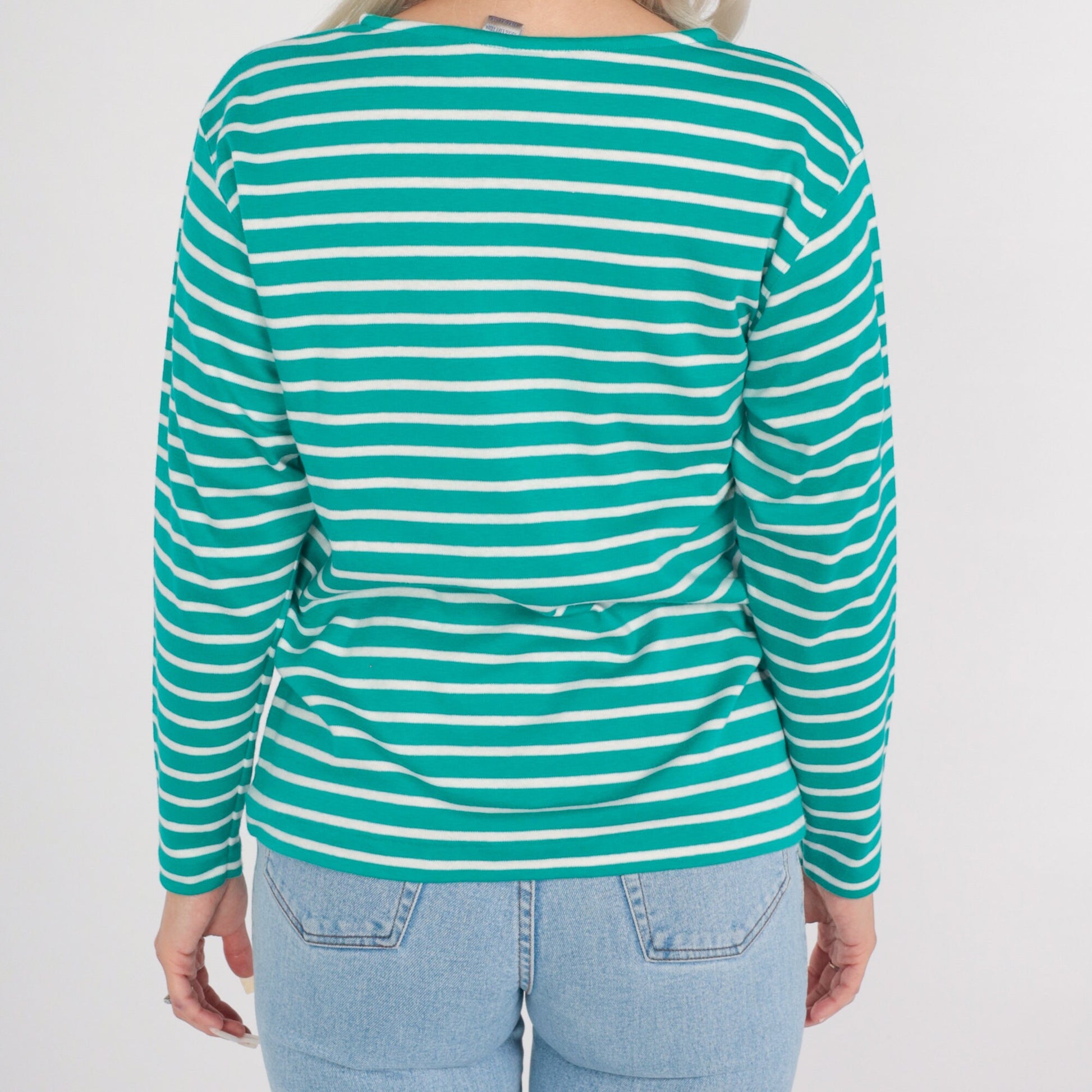 90s Green & White Striped Long Sleeve T-Shirt Cotton Tee Medium