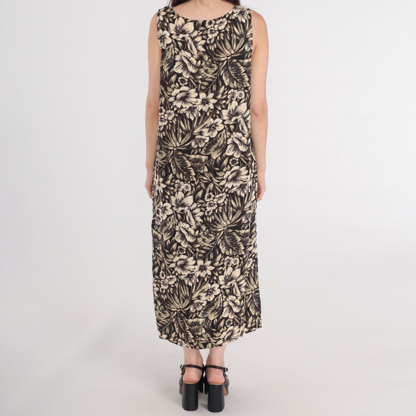 90s Black Floral Midi Dress Tropical Hibiscus Leaf Print Sleeveless Medium M