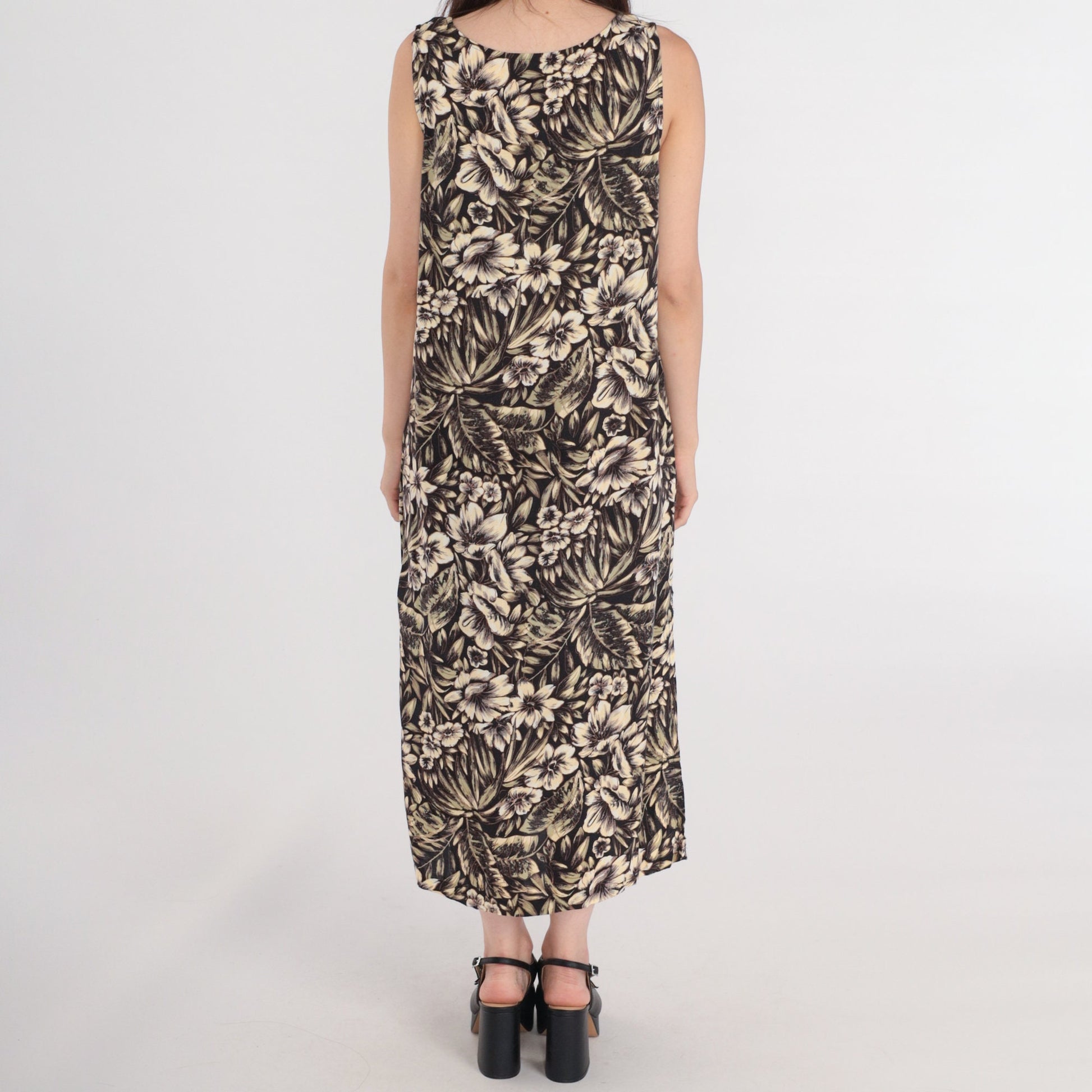 90s Black Floral Midi Dress Tropical Hibiscus Leaf Print Sleeveless Medium M