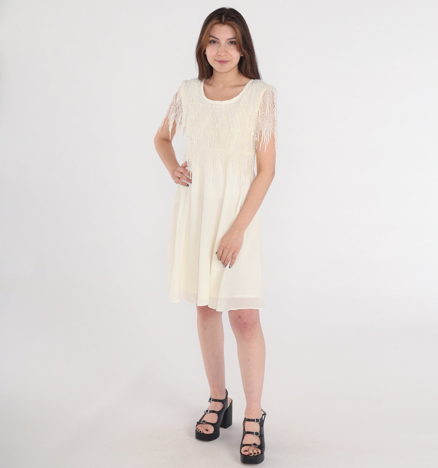 90s Cream Mini Dress Crochet Fringe Capelet Short Sleeve Small