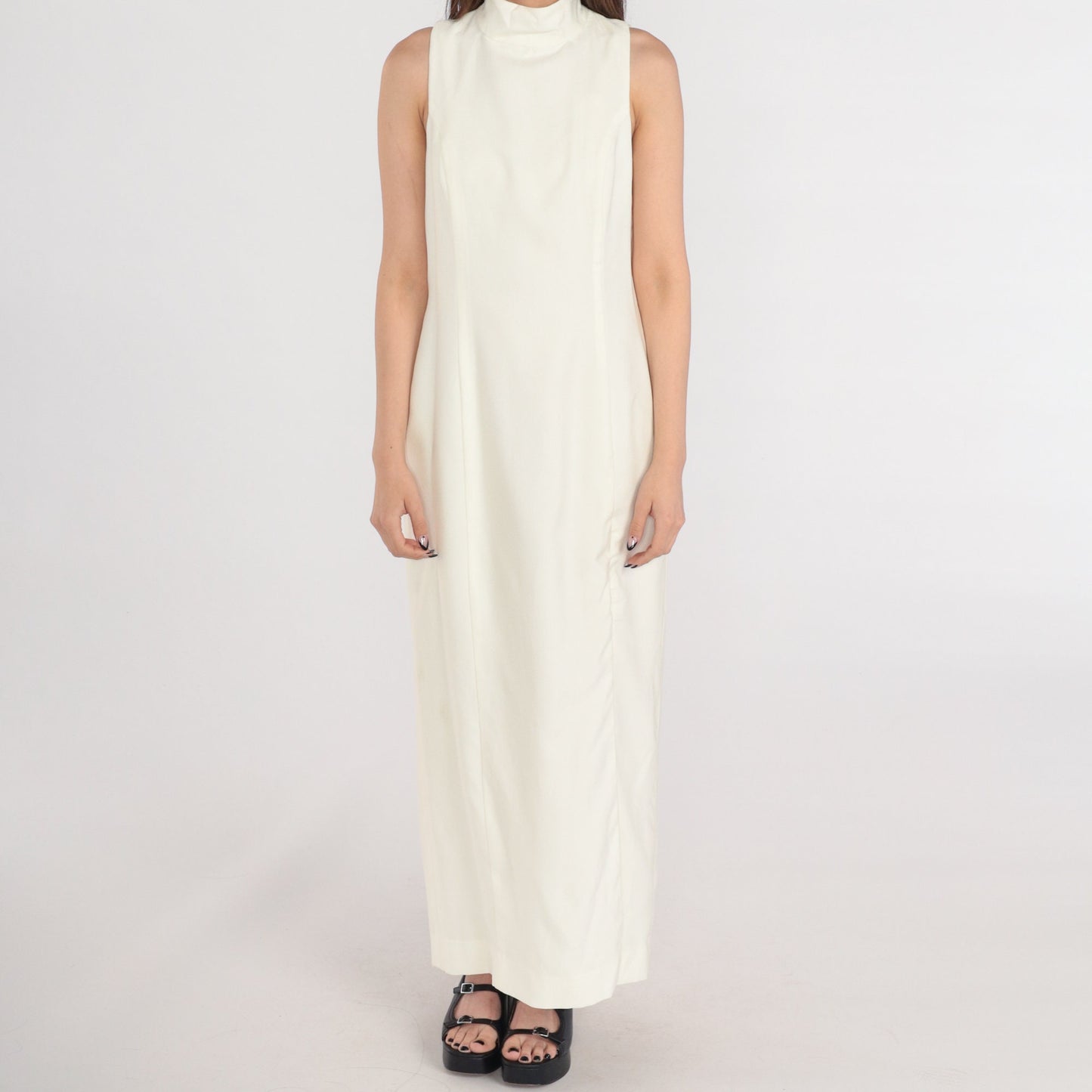80s Cream Maxi Dress Sleeveless Mock Neck High Slit Evening Gown Small