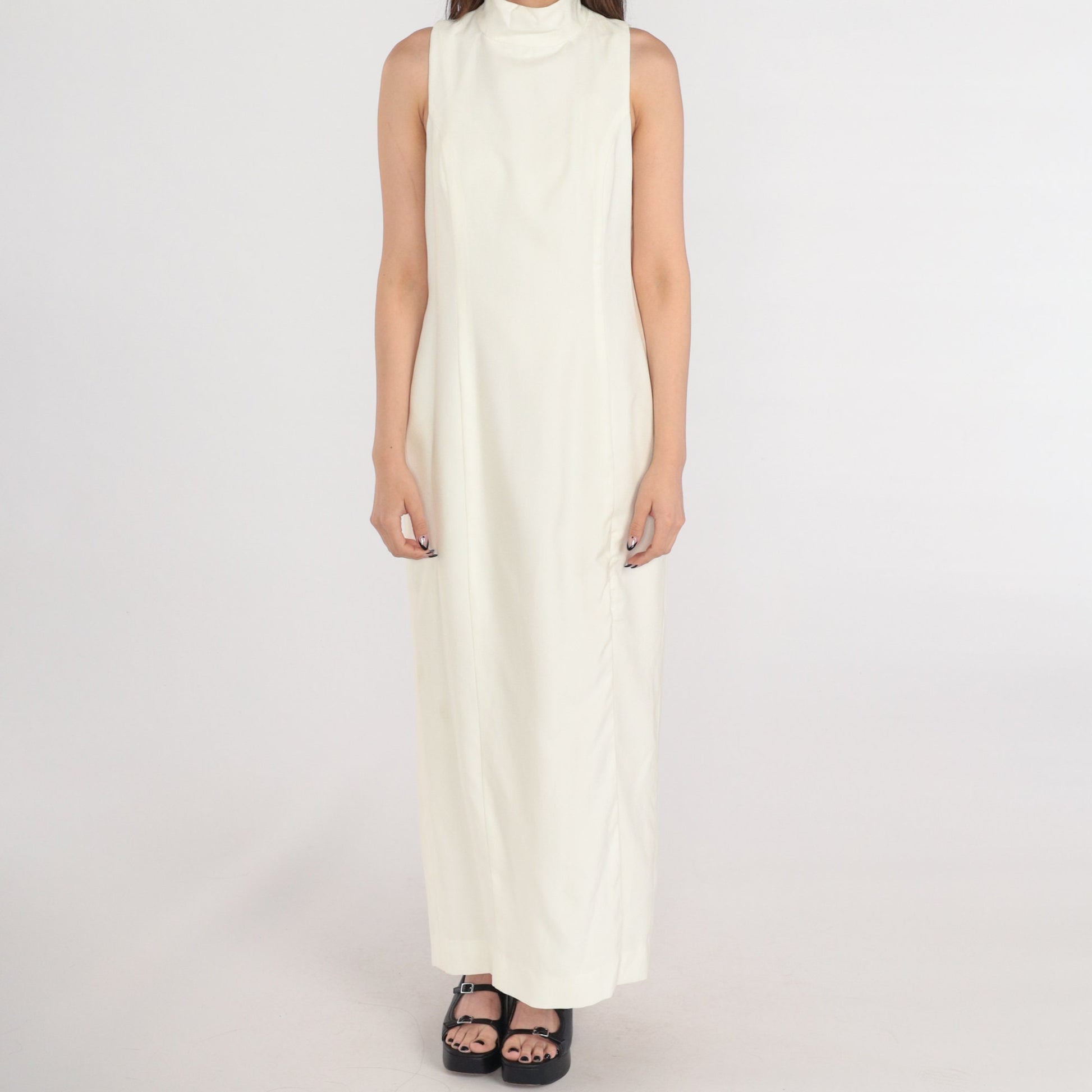 80s Cream Maxi Dress Sleeveless Mock Neck High Slit Evening Gown Small