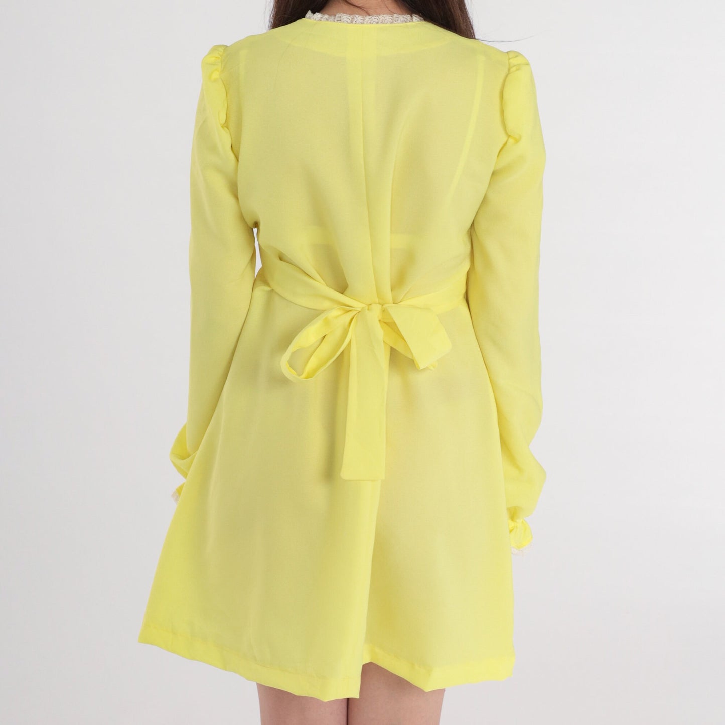 70s Yellow Babydoll Mini Dress Empire Waist Puff Sleeve Floral Small