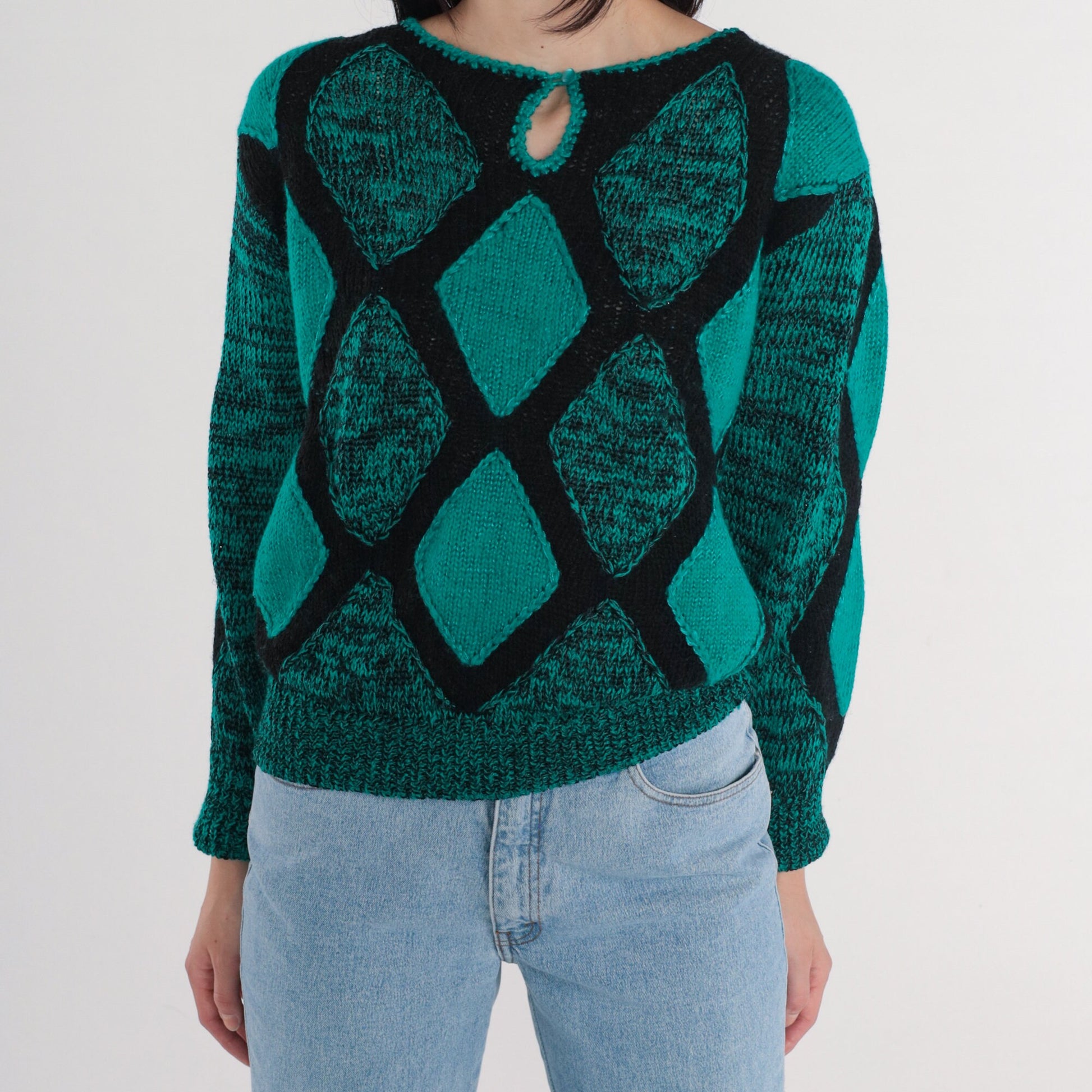 80s Diamond Sweater Black Green Keyhole Cutout Wool Blend Pullover Large
