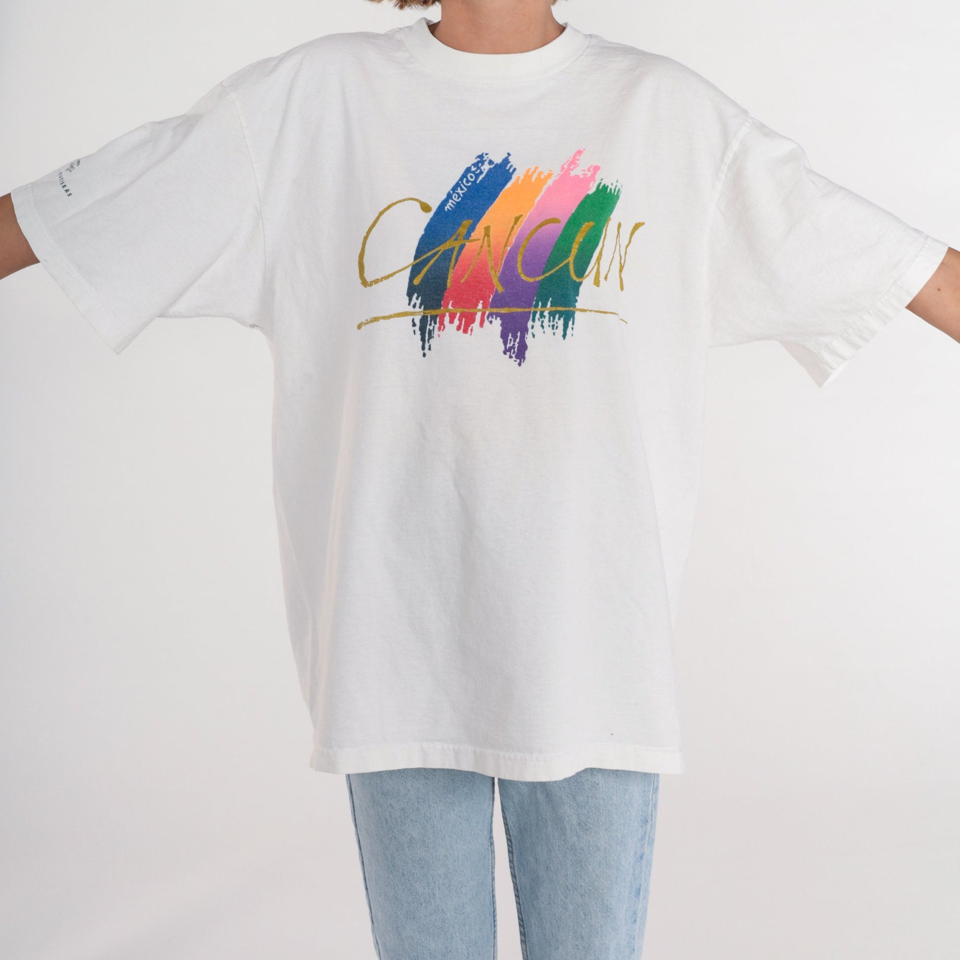 90s Cancun Mexico Graphic T-Shirt White Brushstroke XXL
