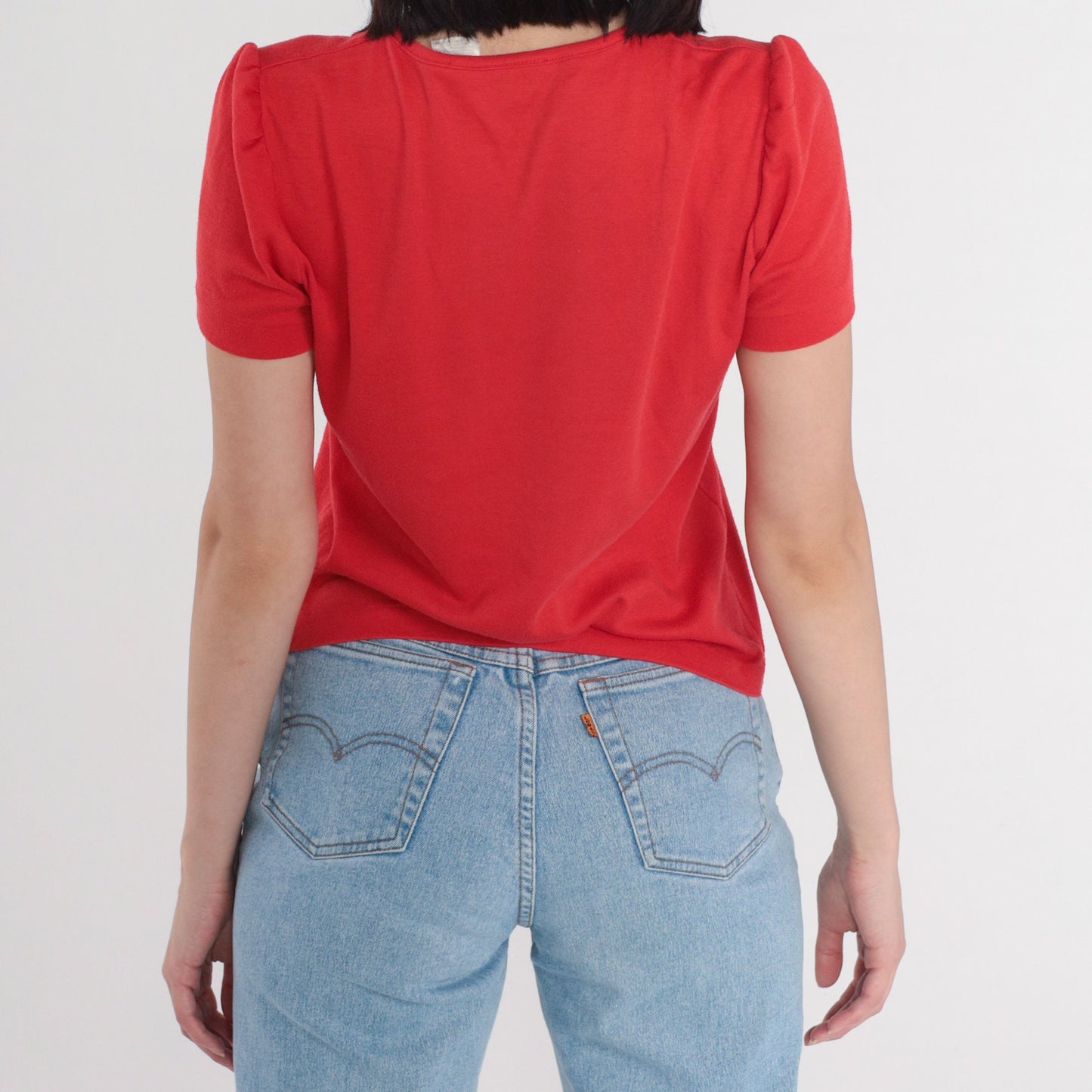 90s Red Floral Cutwork Blouse Puff Sleeve V-Neck Medium
