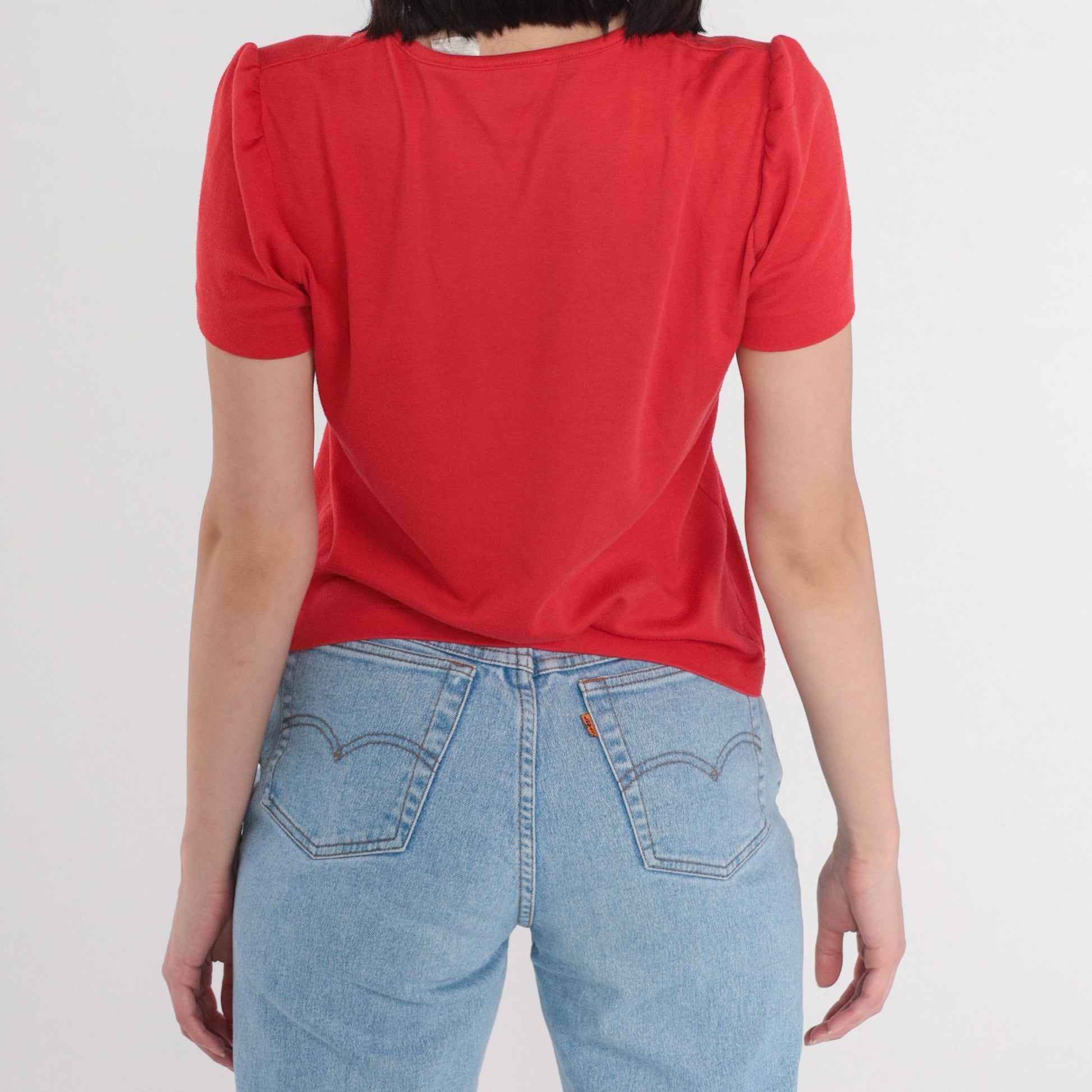90s Red Floral Cutwork Blouse Puff Sleeve V-Neck Medium