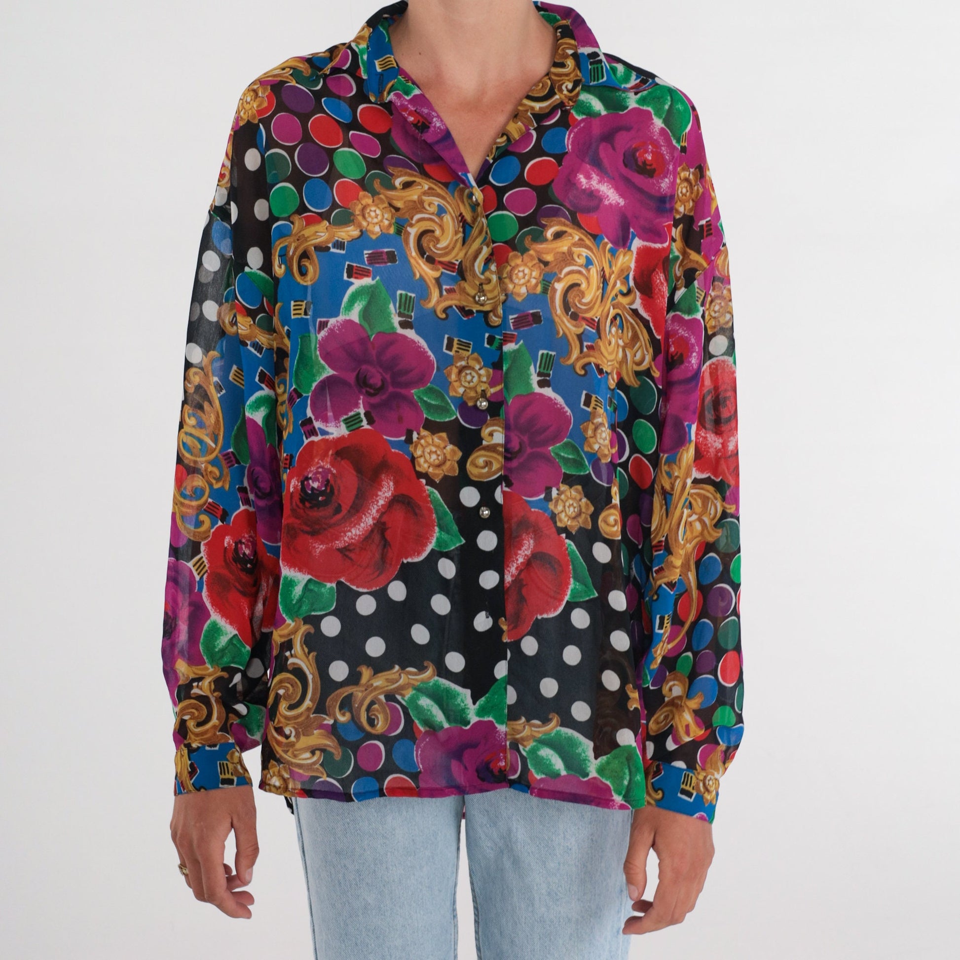 90s Express Baroque Floral Polka Dot Button-Up Blouse Long Sleeve Medium