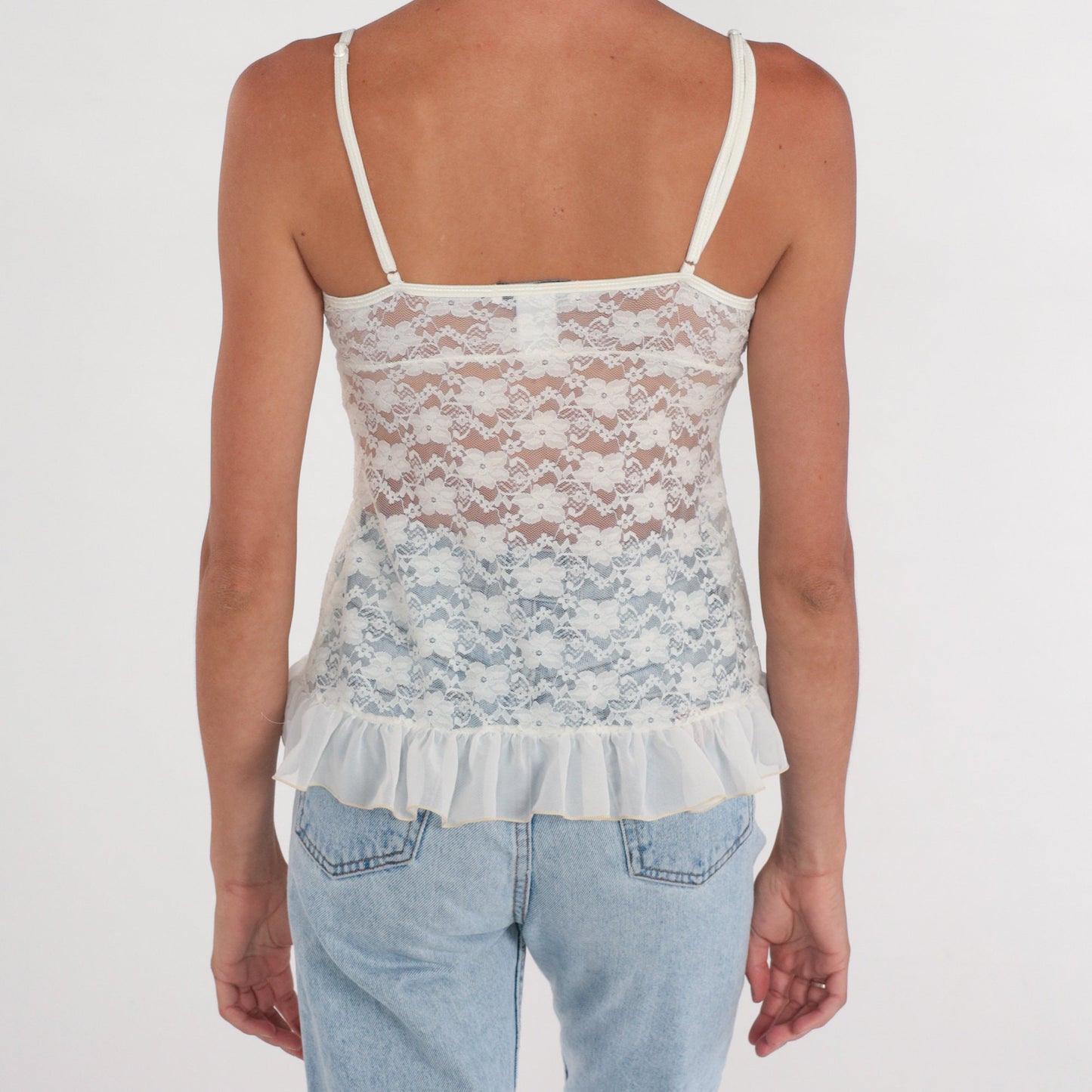 Y2K White Lace Camisole Sheer Floral Beaded Empire Waist Ruffled Small
