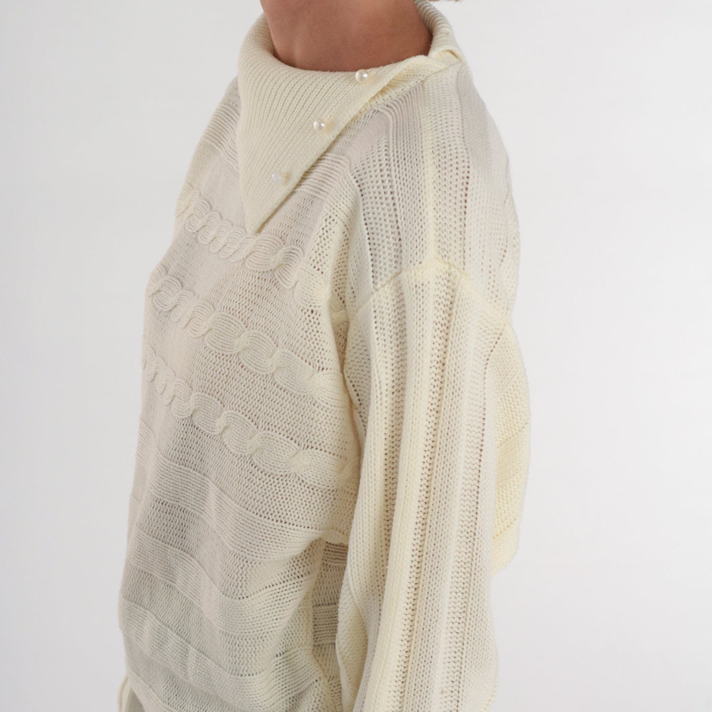 80s Cream Cable Knit Sweater Convertible Collar Pullover Medium M