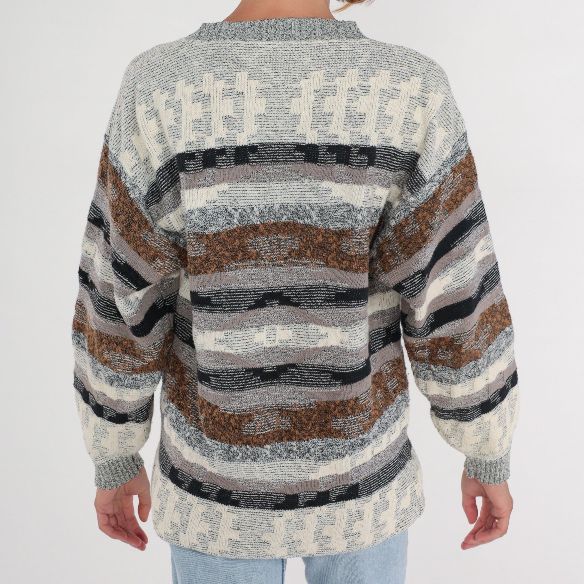 80s Geometric Striped Knit Sweater Grey Brown Cream Black Crewneck Large