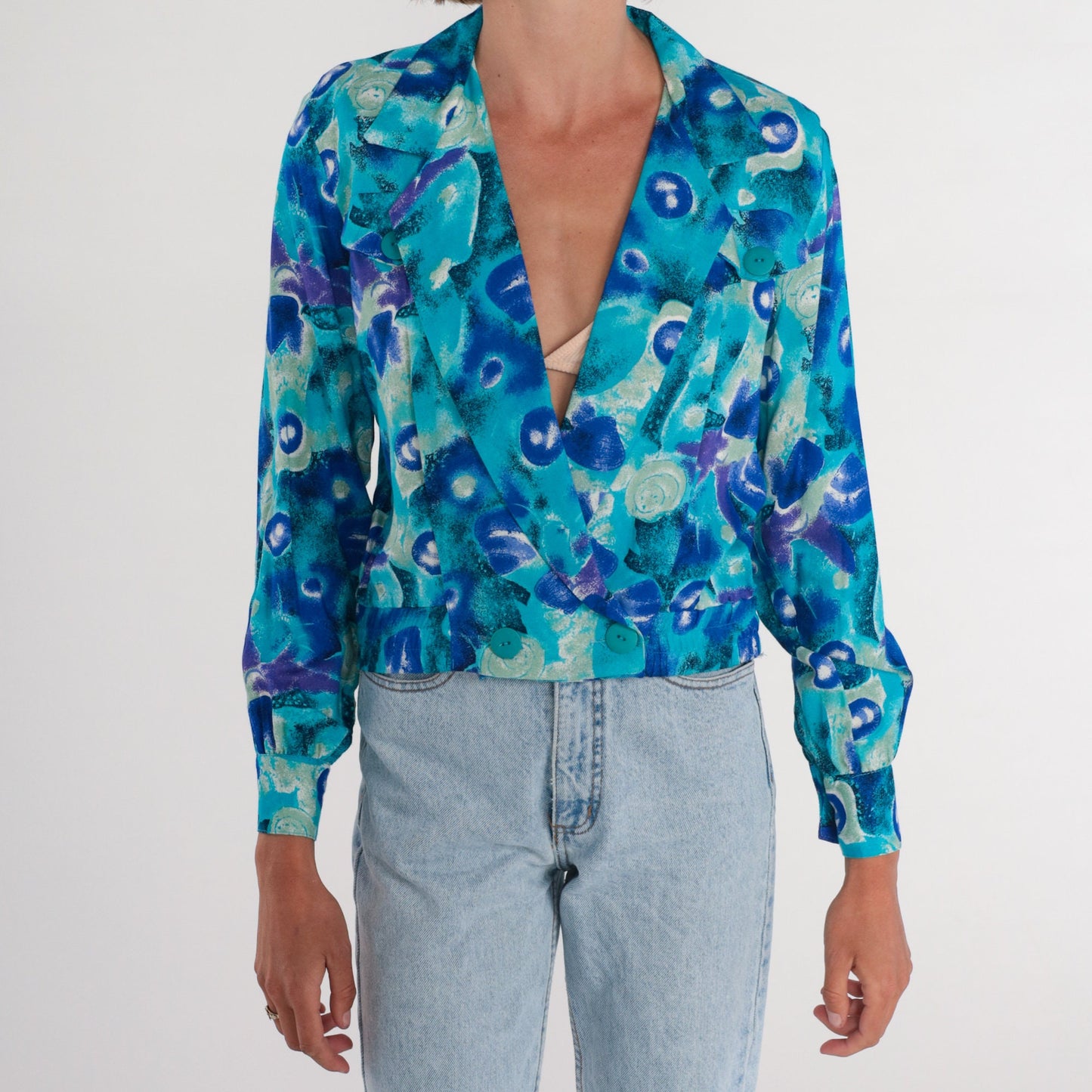 90s P.S Sport Abstract Blue Cropped Blazer Double Breasted Small