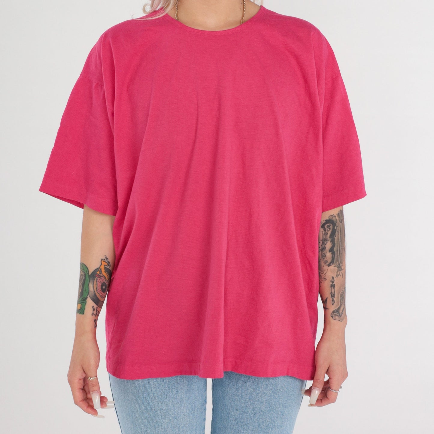 90s Hot Pink Plain Cotton T-Shirt Short Sleeve Solid Tee Extra Large