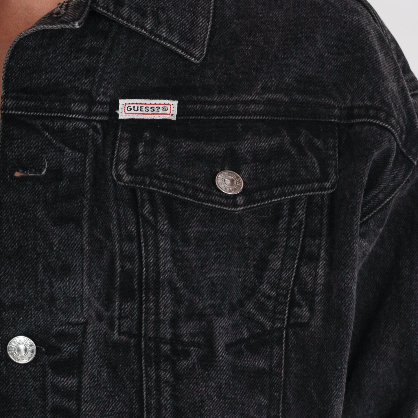 90s Guess Black Denim Jacket Cropped Airbrushed Vegetarian Print Medium