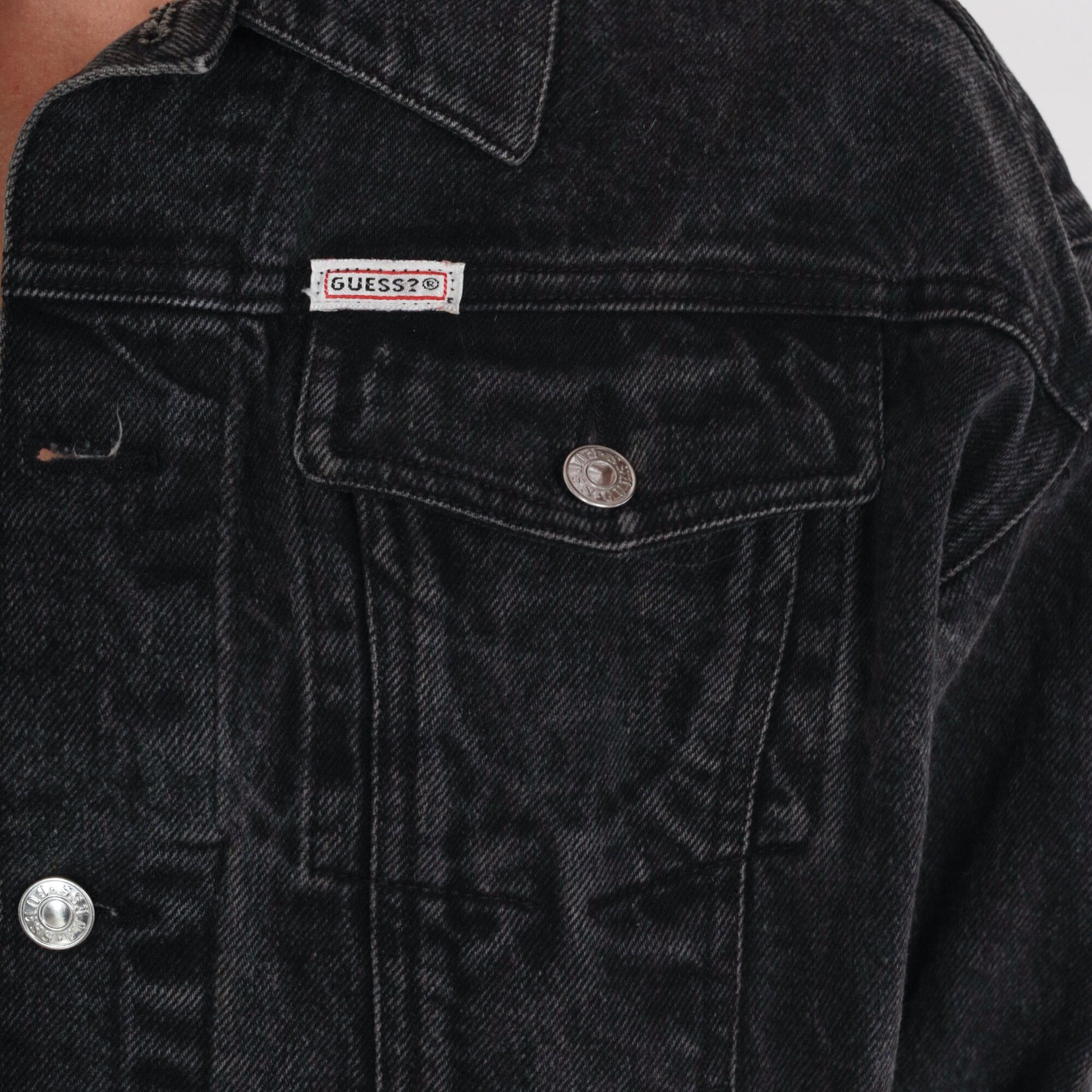 90s Guess Black Denim Jacket Cropped Airbrushed Vegetarian Print Medium