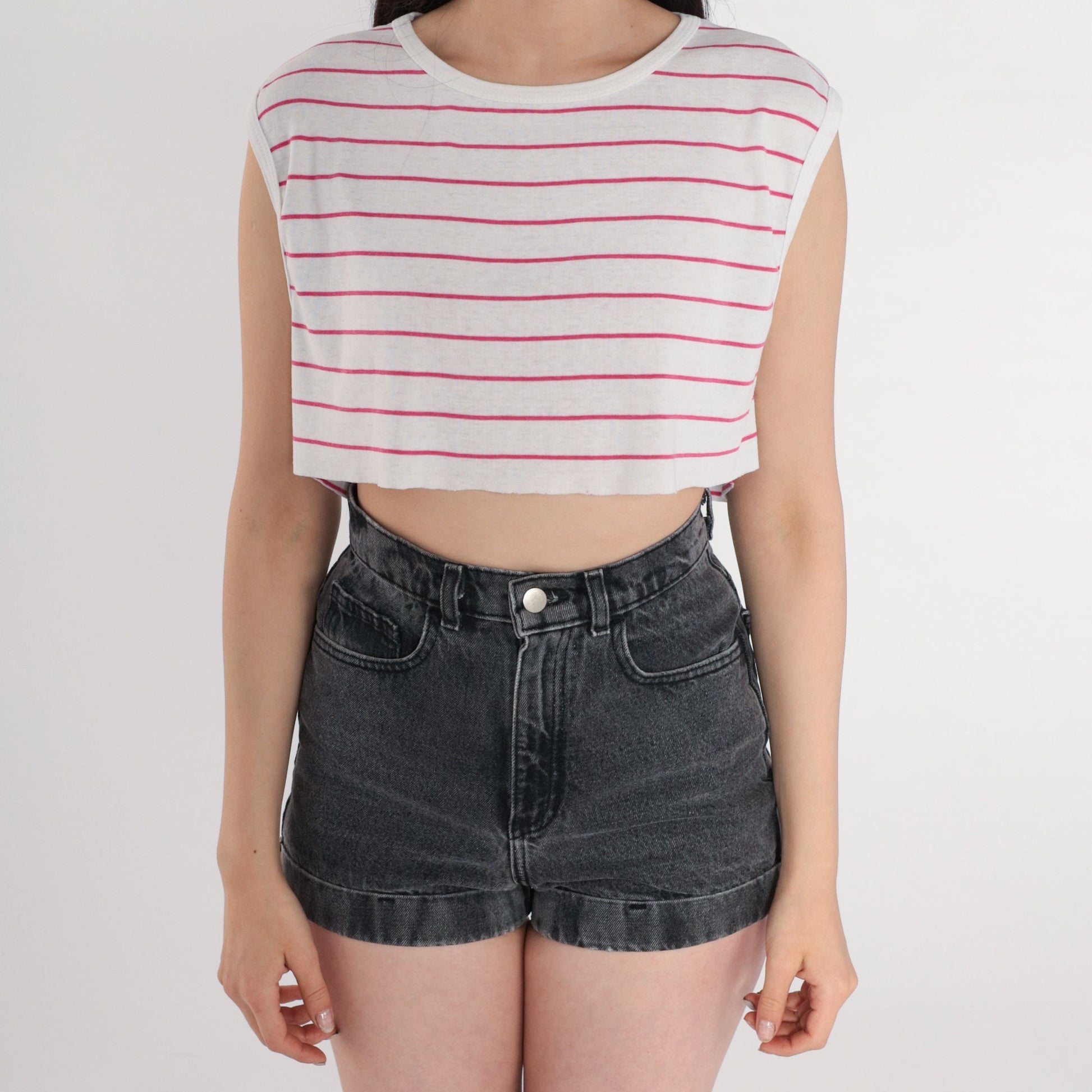 80s Striped Crop Tank Top White Pink Raw Hem Cutoff Small Medium