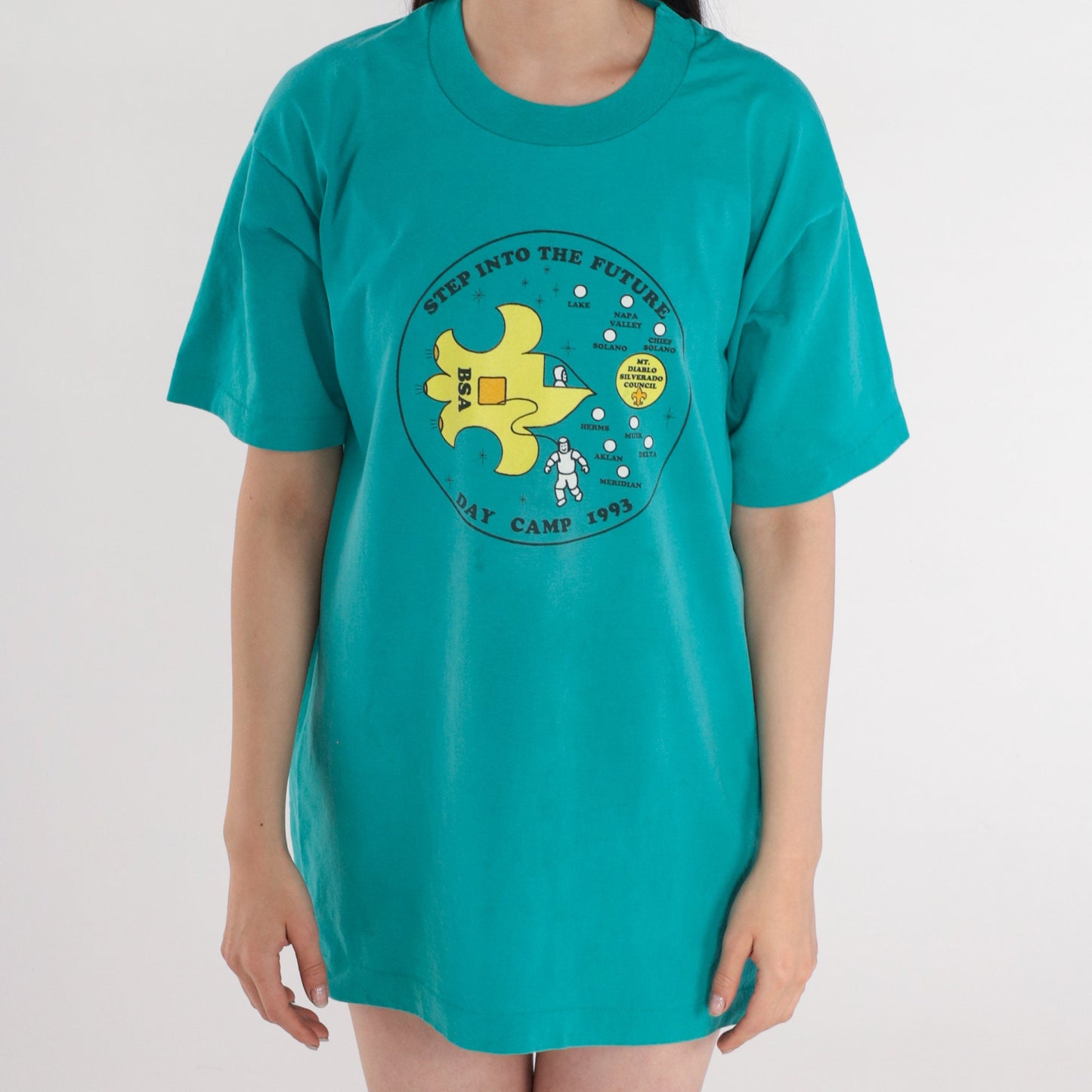 1993 Boy Scouts Mount Diablo Silverado Council Space Day Camp T-Shirt Green Large