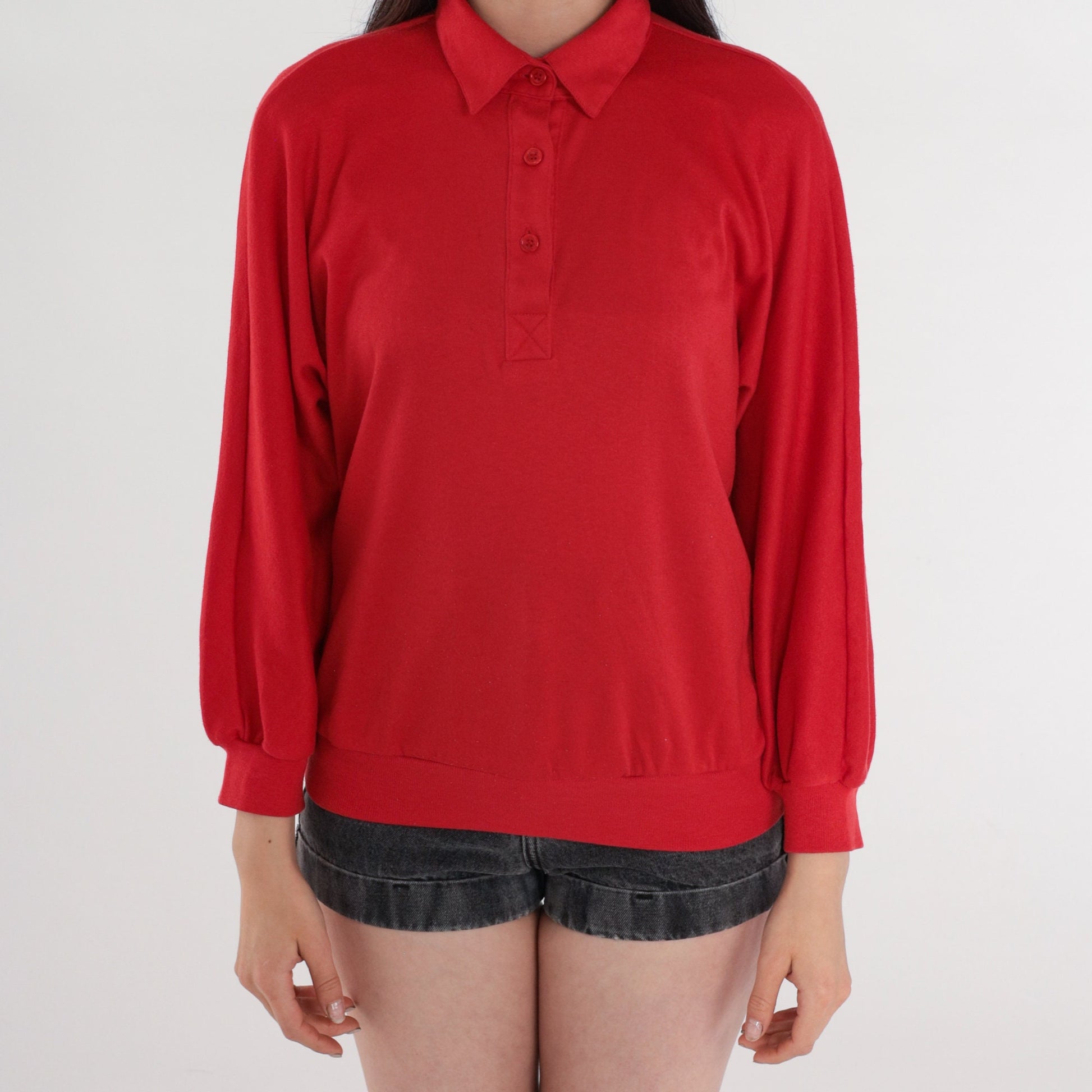 80s Red Long Sleeve Polo Shirt Plain Button-Up Crewneck Medium