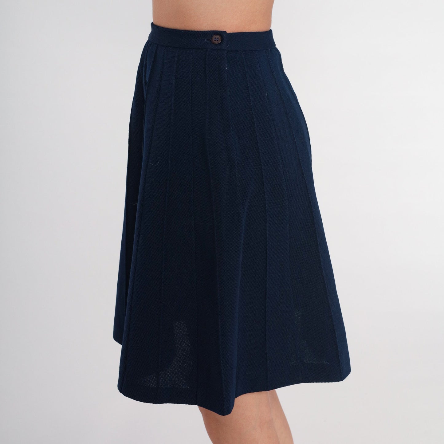 70s Navy Blue Mini Skirt High Waist A-Line Pleated Extra Small