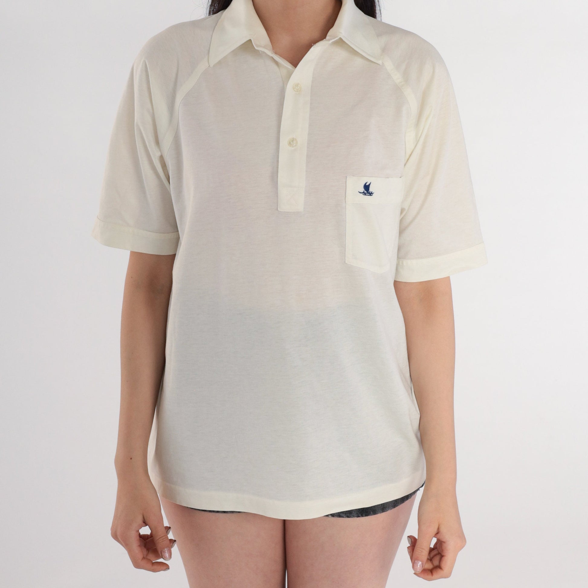 80s Tori Richard Catamaran Polo Shirt Off-White Collared Raglan Medium